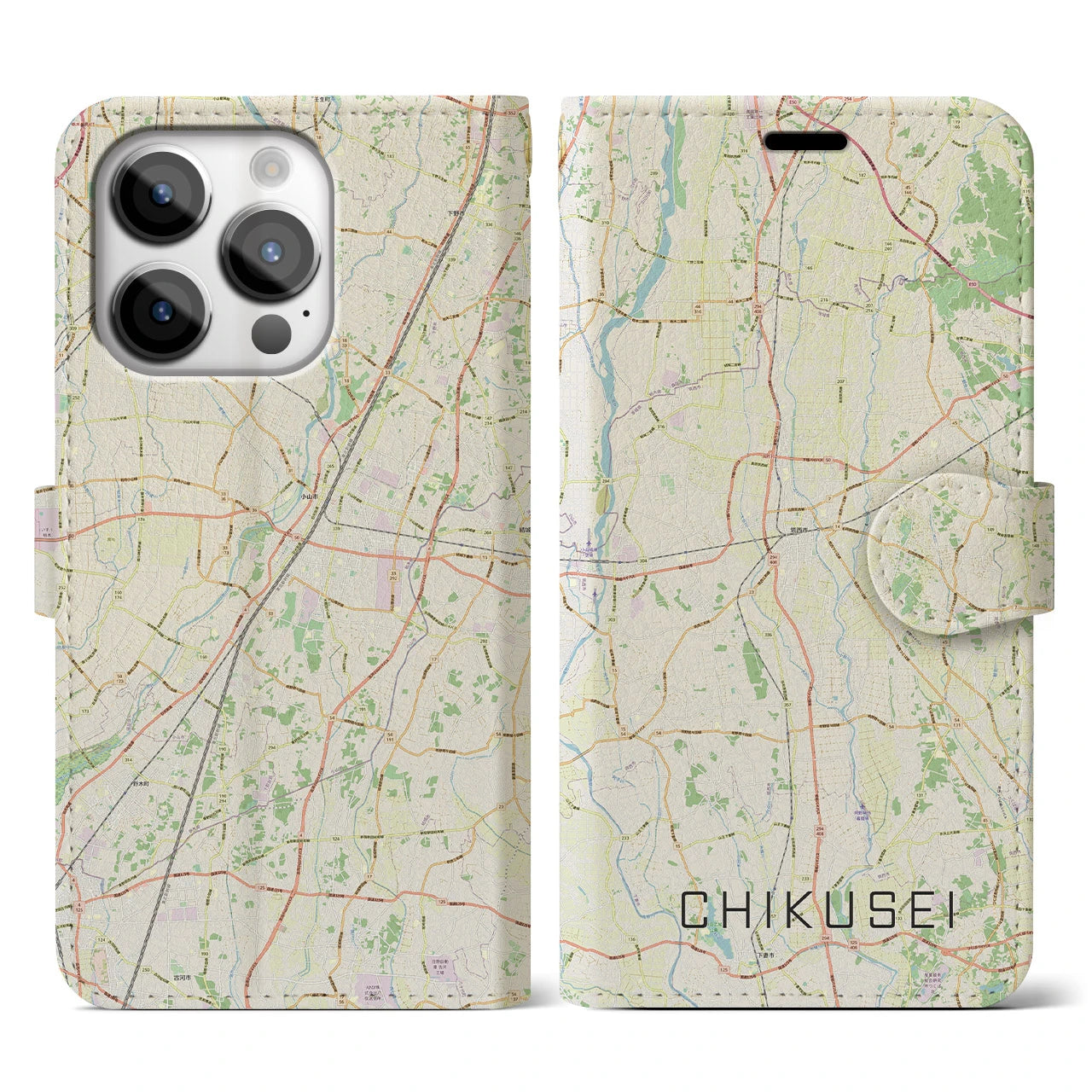 【筑西】地図柄iPhoneケース（手帳両面タイプ・ナチュラル）iPhone 14 Pro 用