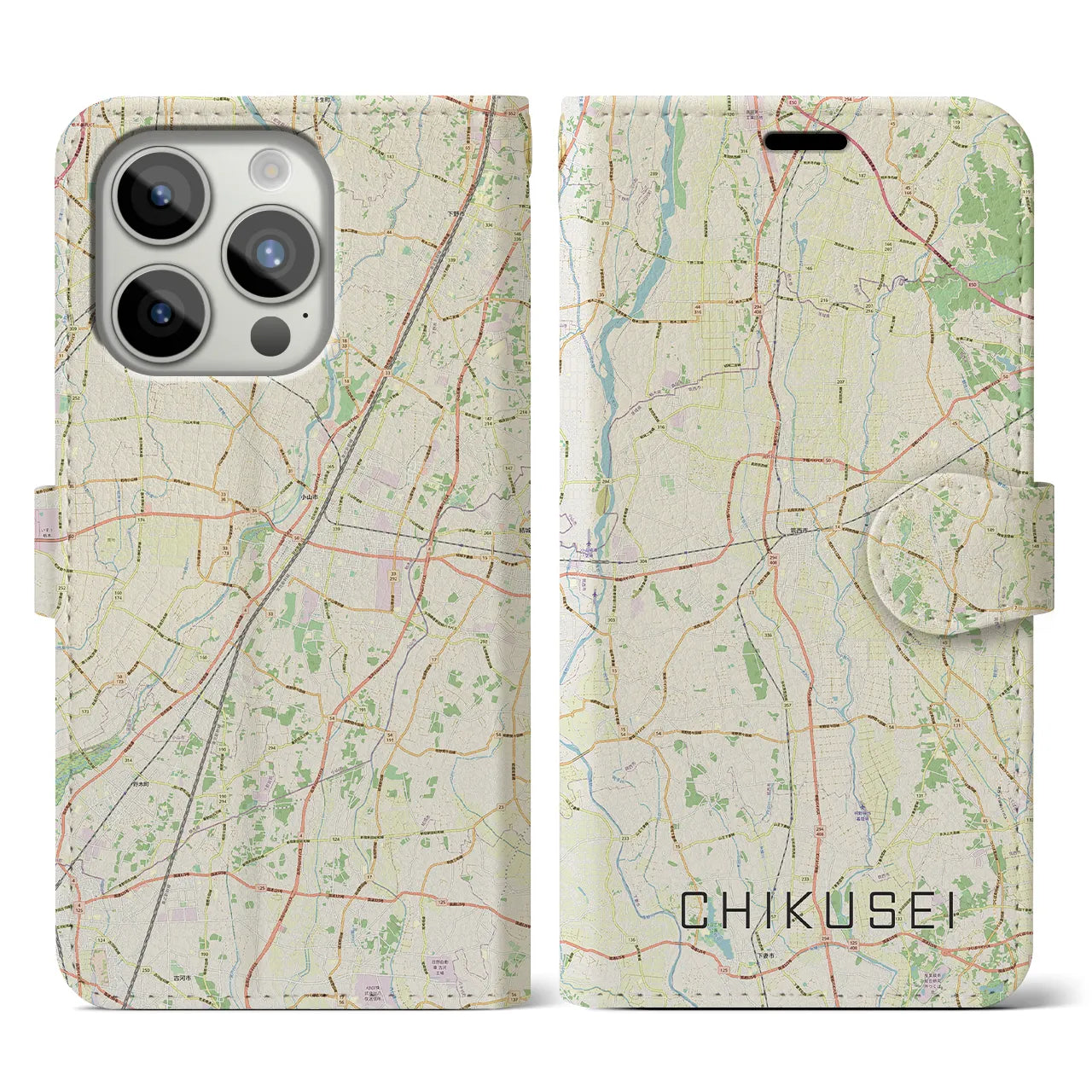 【筑西】地図柄iPhoneケース（手帳両面タイプ・ナチュラル）iPhone 15 Pro 用