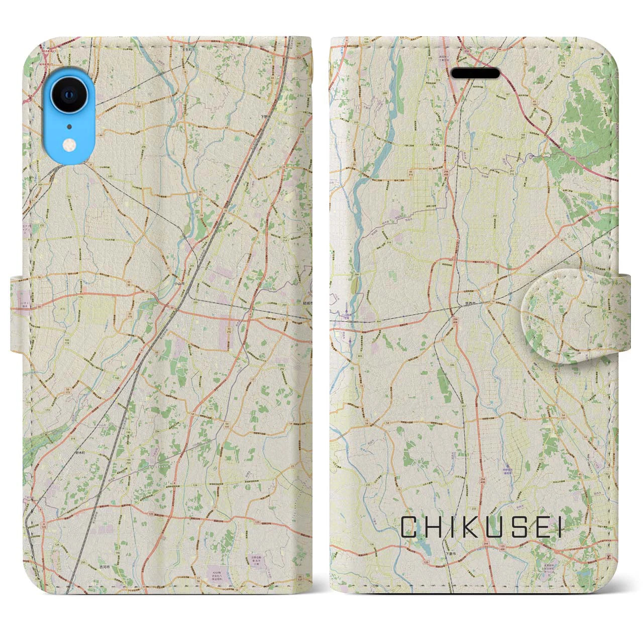 【筑西】地図柄iPhoneケース（手帳両面タイプ・ナチュラル）iPhone XR 用