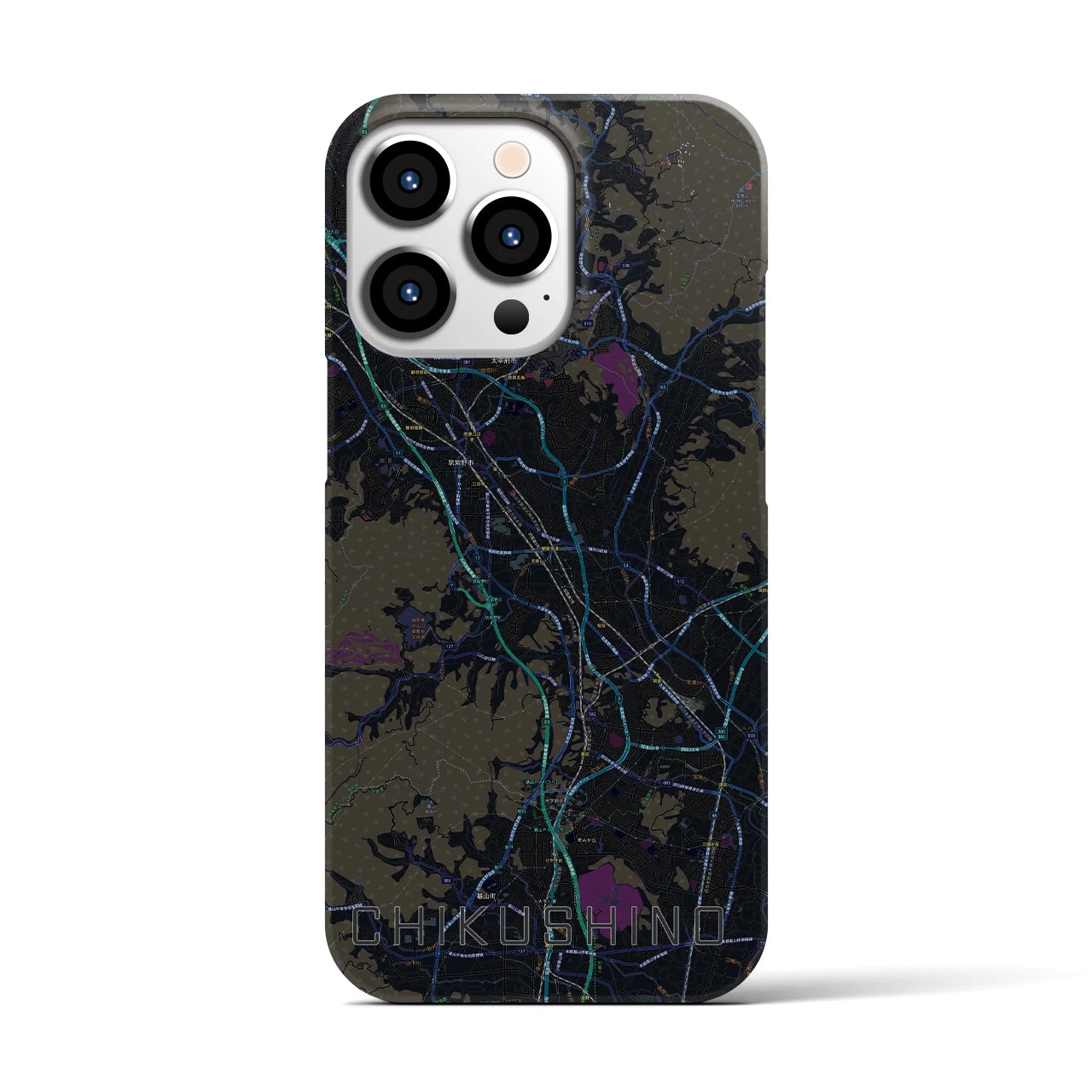 【筑紫野】地図柄iPhoneケース（バックカバータイプ・ブラック）iPhone 13 Pro 用