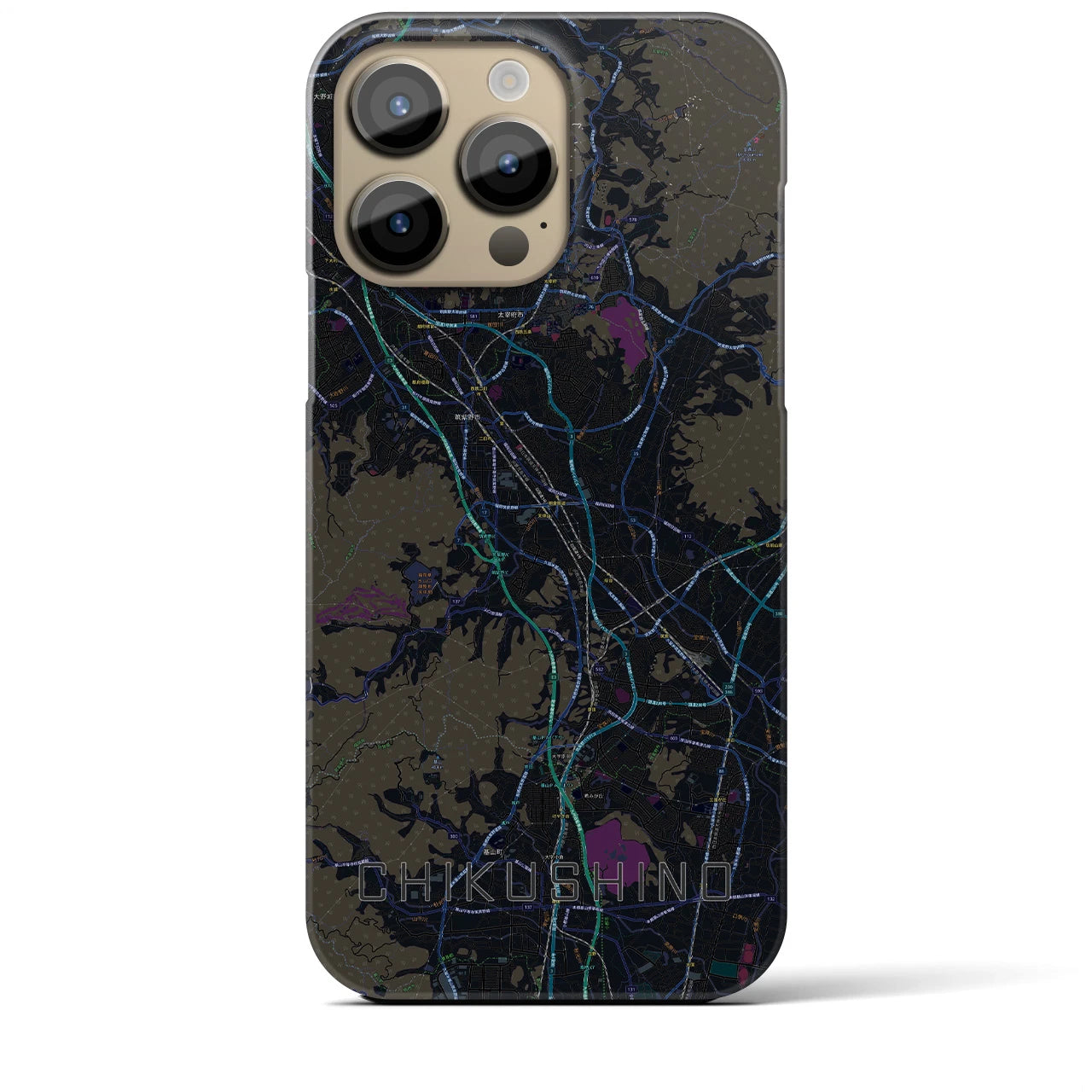 【筑紫野】地図柄iPhoneケース（バックカバータイプ・ブラック）iPhone 14 Pro Max 用
