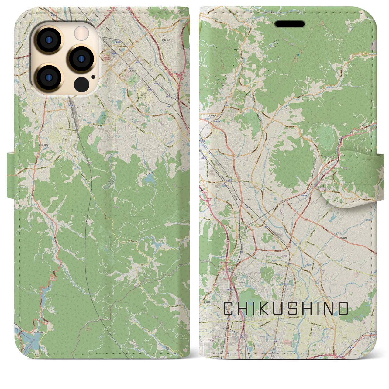 【筑紫野】地図柄iPhoneケース（手帳両面タイプ・ナチュラル）iPhone 12 Pro Max 用