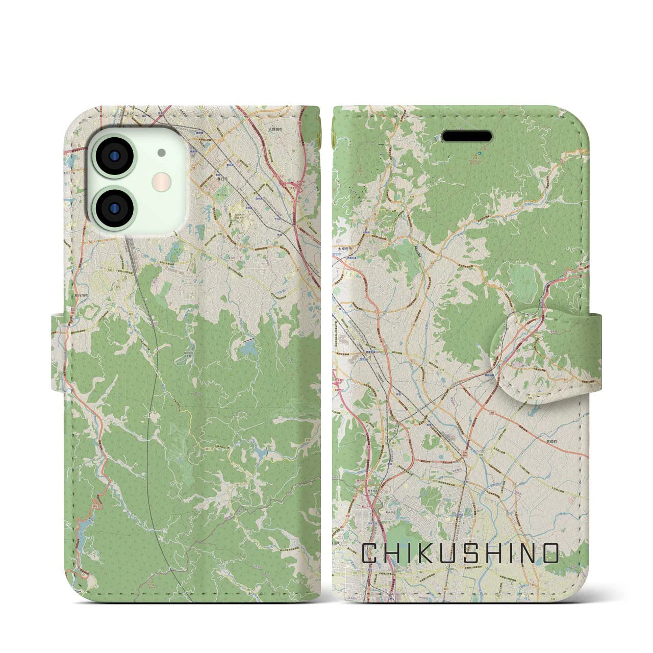 【筑紫野】地図柄iPhoneケース（手帳両面タイプ・ナチュラル）iPhone 12 mini 用