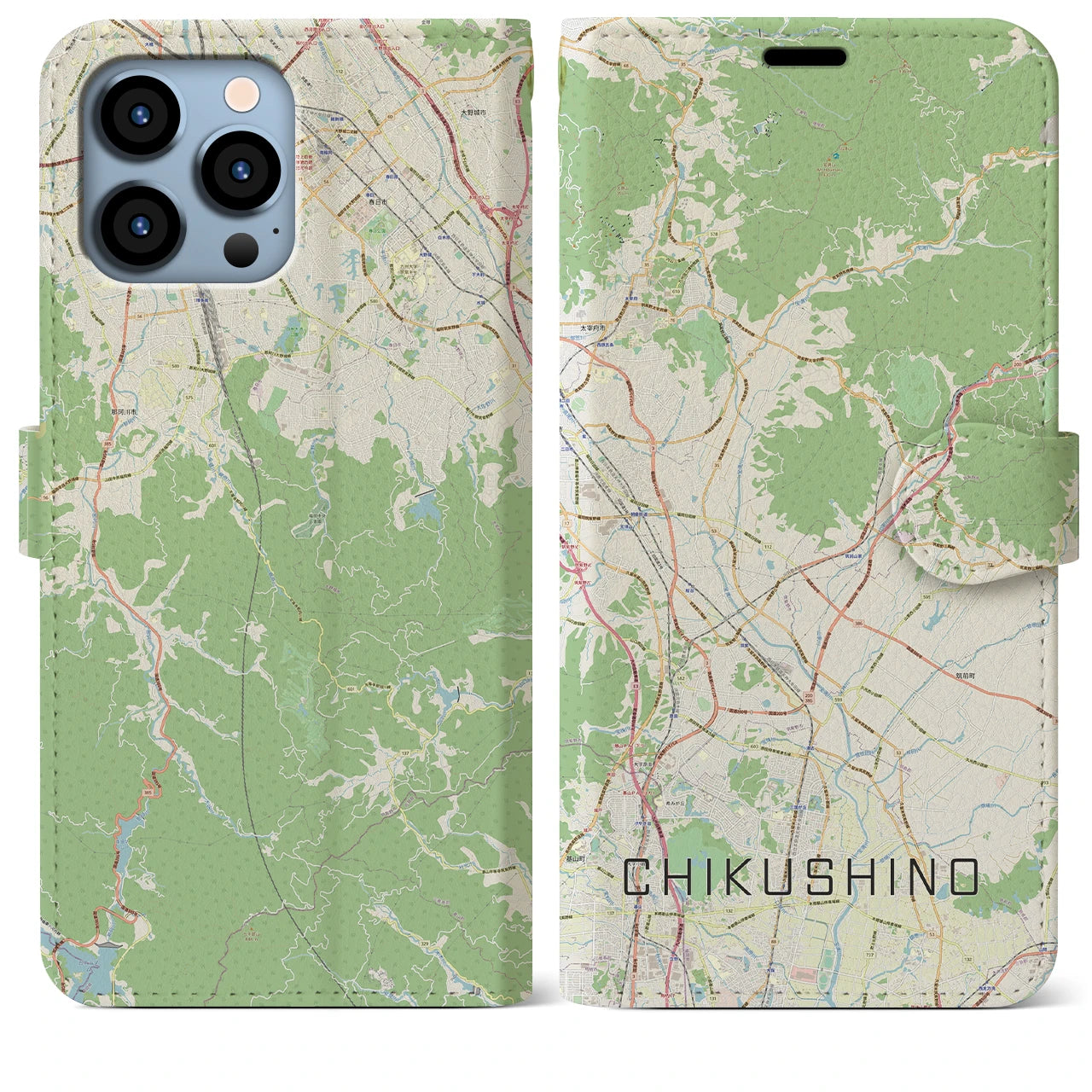 【筑紫野】地図柄iPhoneケース（手帳両面タイプ・ナチュラル）iPhone 13 Pro Max 用