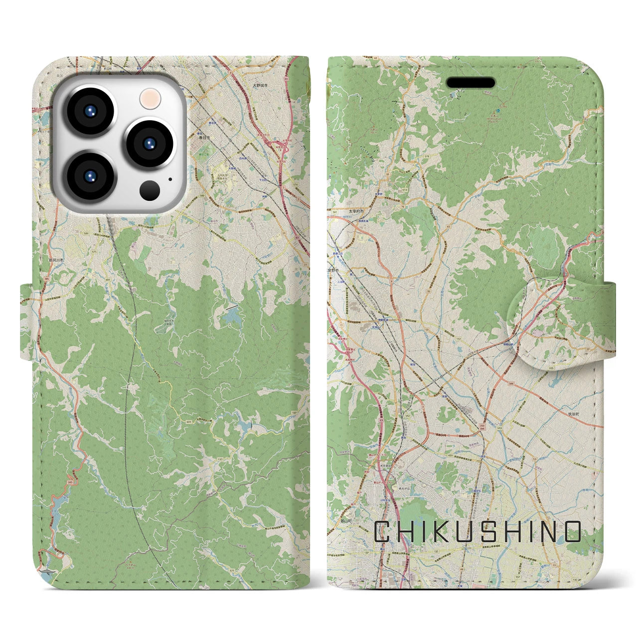 【筑紫野】地図柄iPhoneケース（手帳両面タイプ・ナチュラル）iPhone 13 Pro 用