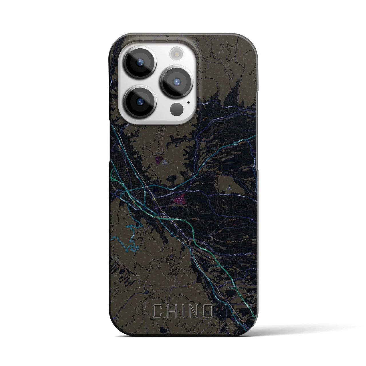 【茅野】地図柄iPhoneケース（バックカバータイプ・ブラック）iPhone 14 Pro 用