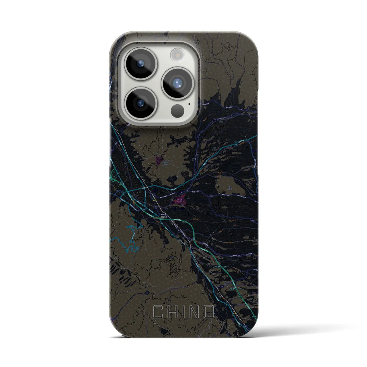 【茅野】地図柄iPhoneケース（バックカバータイプ・ブラック）iPhone 15 Pro 用