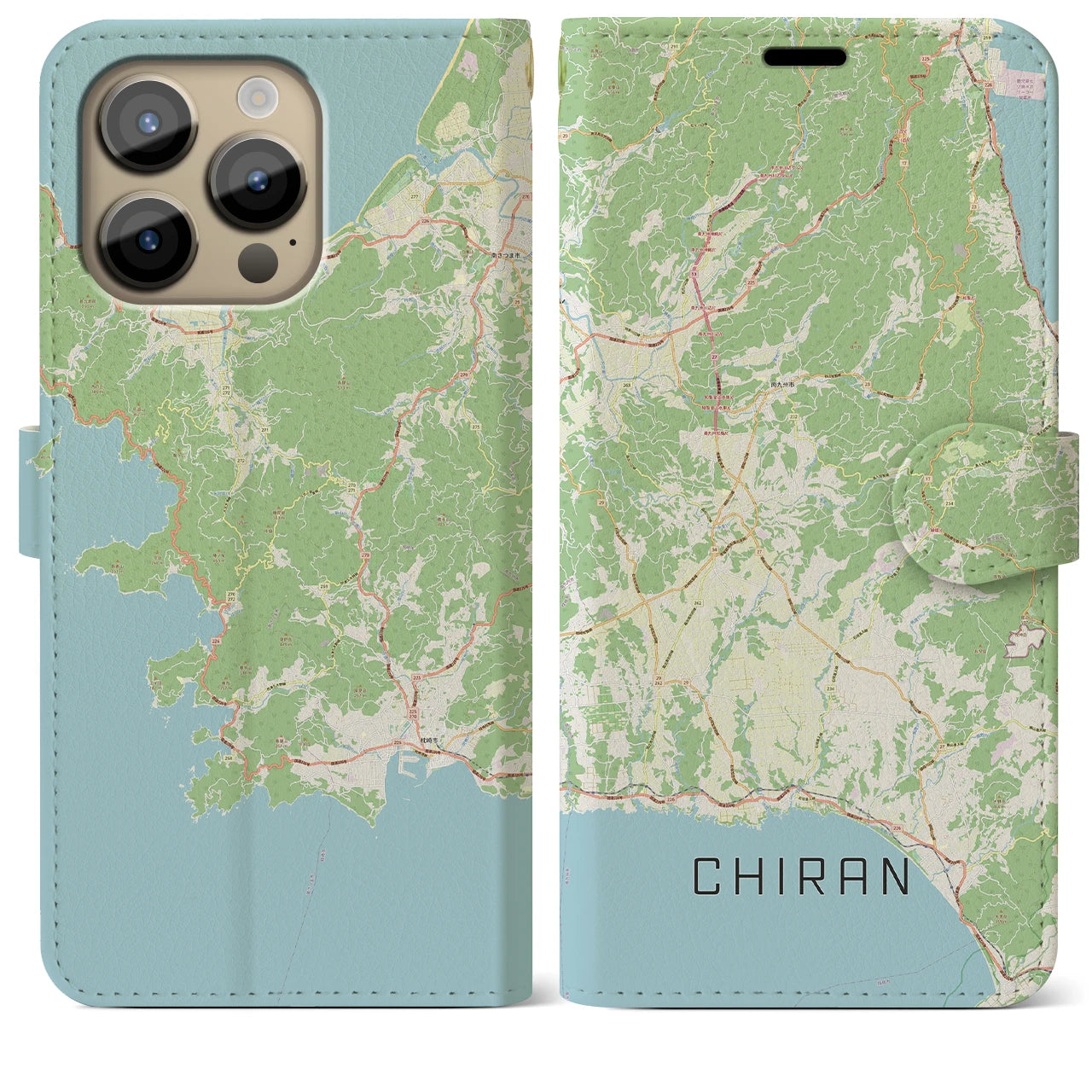 【知覧】地図柄iPhoneケース（手帳両面タイプ・ナチュラル）iPhone 14 Pro Max 用