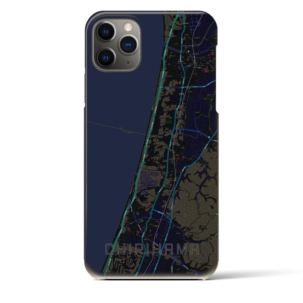 【千里浜】地図柄iPhoneケース（バックカバータイプ・ブラック）iPhone 11 Pro Max 用