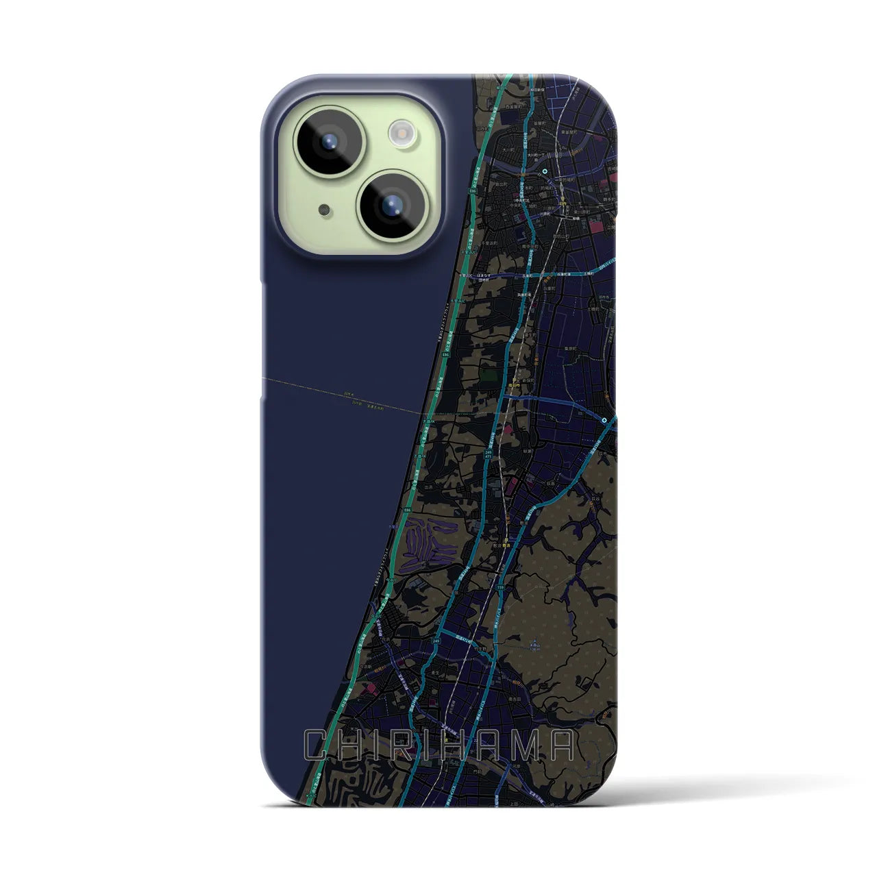 【千里浜】地図柄iPhoneケース（バックカバータイプ・ブラック）iPhone 15 用
