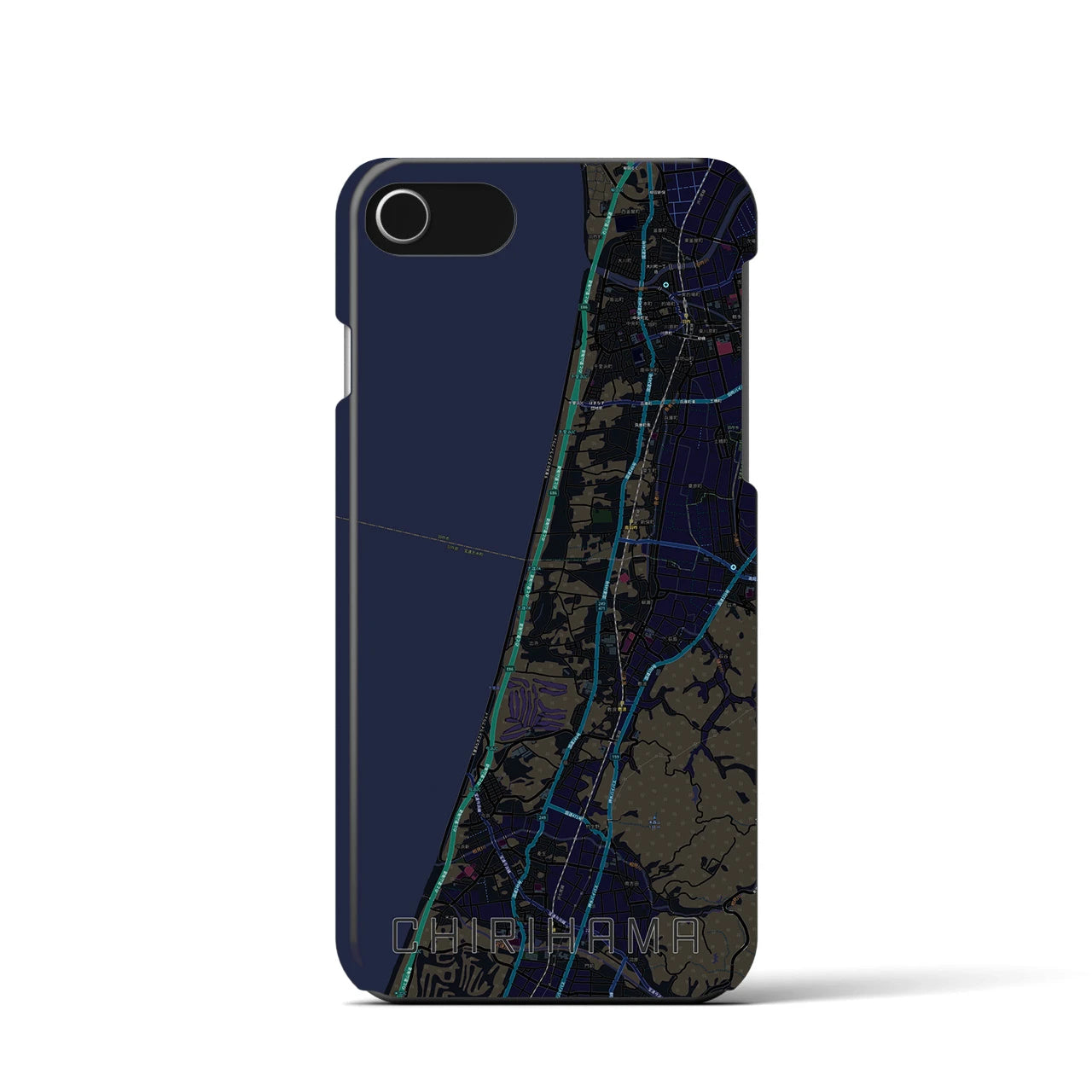 【千里浜】地図柄iPhoneケース（バックカバータイプ・ブラック）iPhone SE（第3 / 第2世代） / 8 / 7 / 6s / 6 用