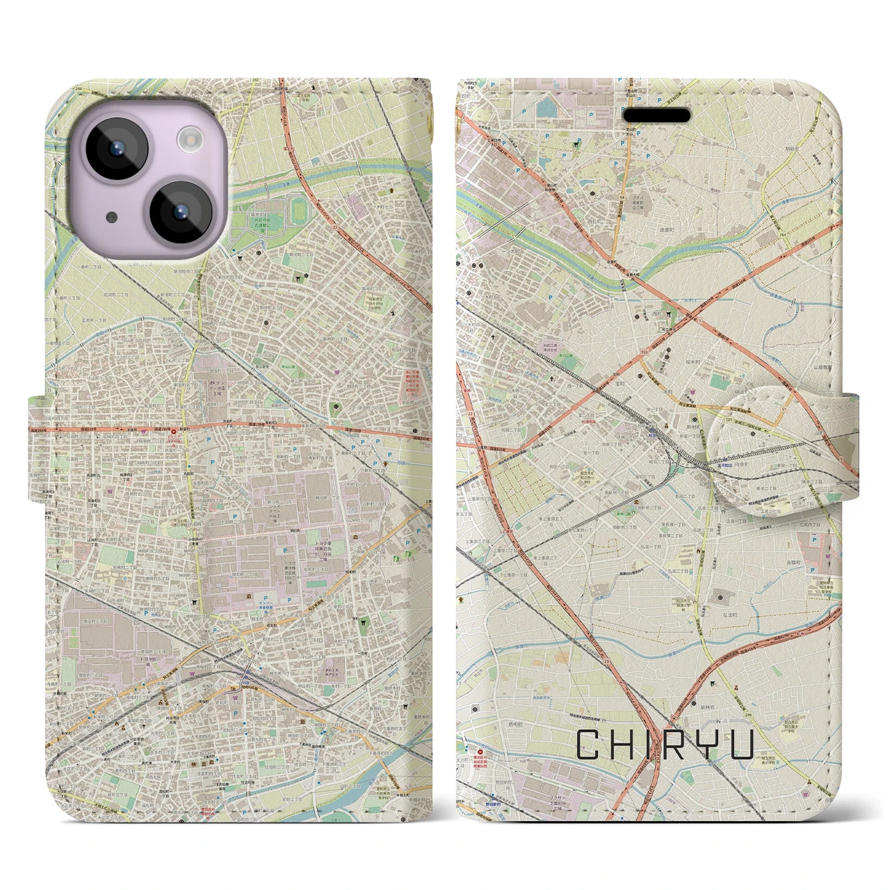 【知立】地図柄iPhoneケース（手帳両面タイプ・ナチュラル）iPhone 14 用