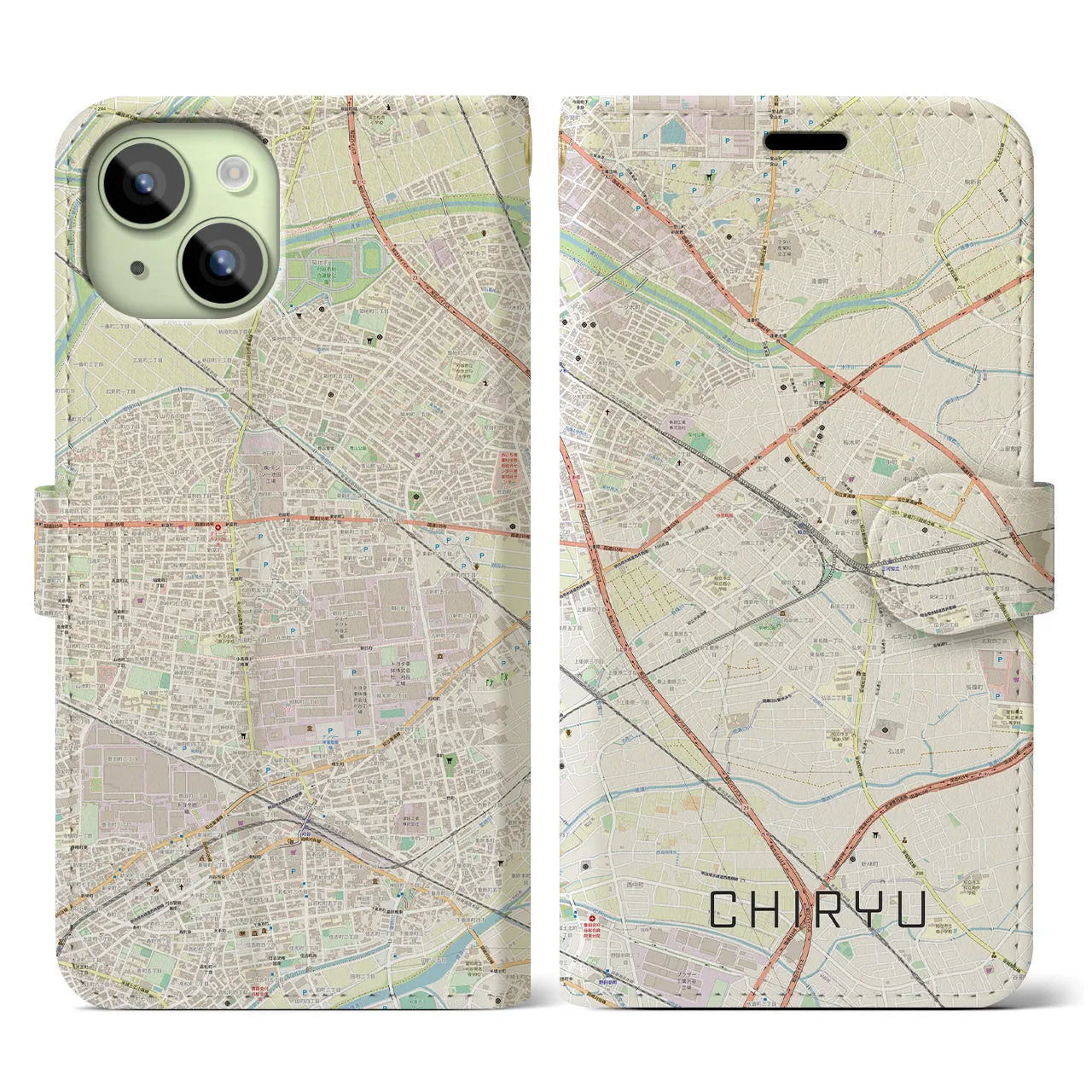 【知立】地図柄iPhoneケース（手帳両面タイプ・ナチュラル）iPhone 15 用