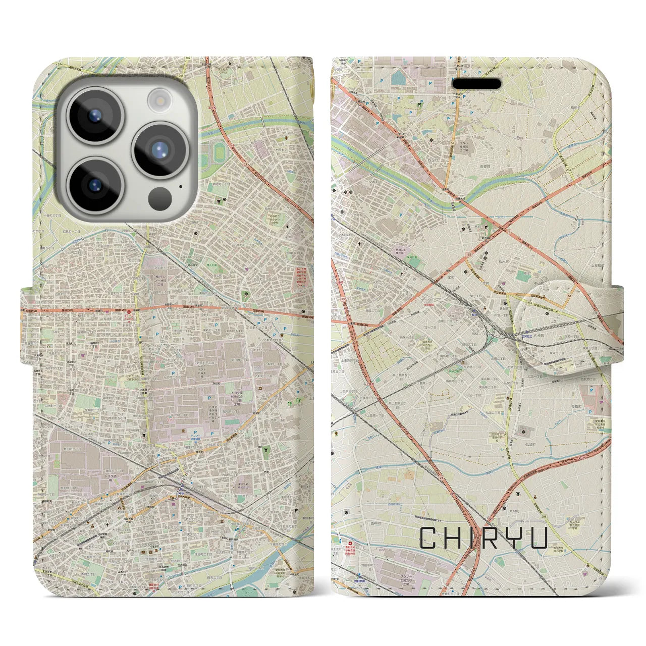 【知立】地図柄iPhoneケース（手帳両面タイプ・ナチュラル）iPhone 15 Pro 用