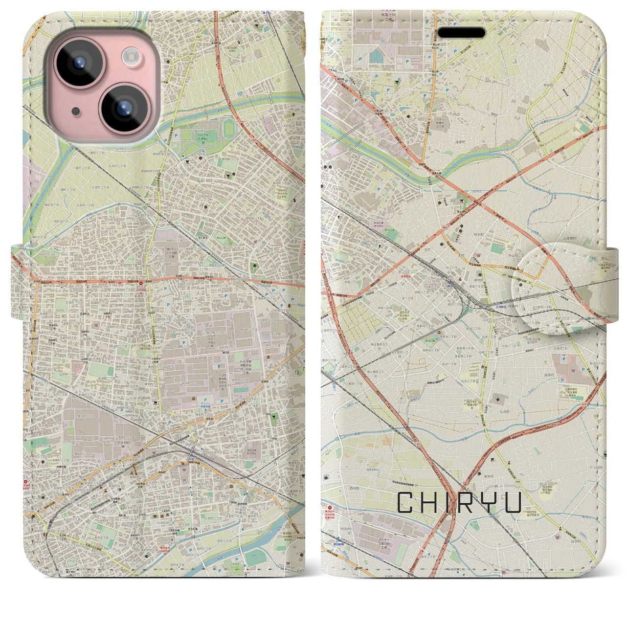 【知立】地図柄iPhoneケース（手帳両面タイプ・ナチュラル）iPhone 15 Plus 用