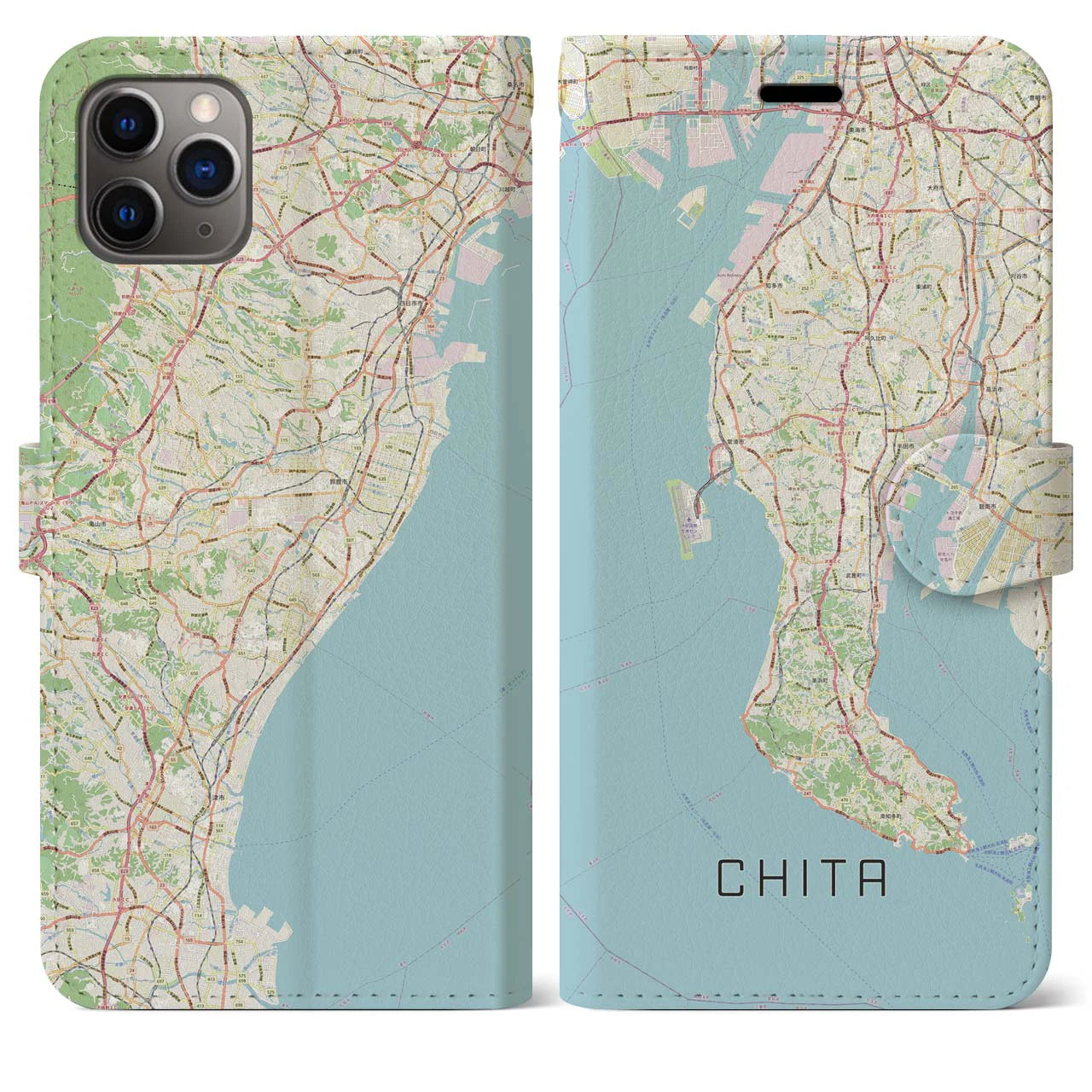 【知多2】地図柄iPhoneケース（手帳両面タイプ・ナチュラル）iPhone 11 Pro Max 用