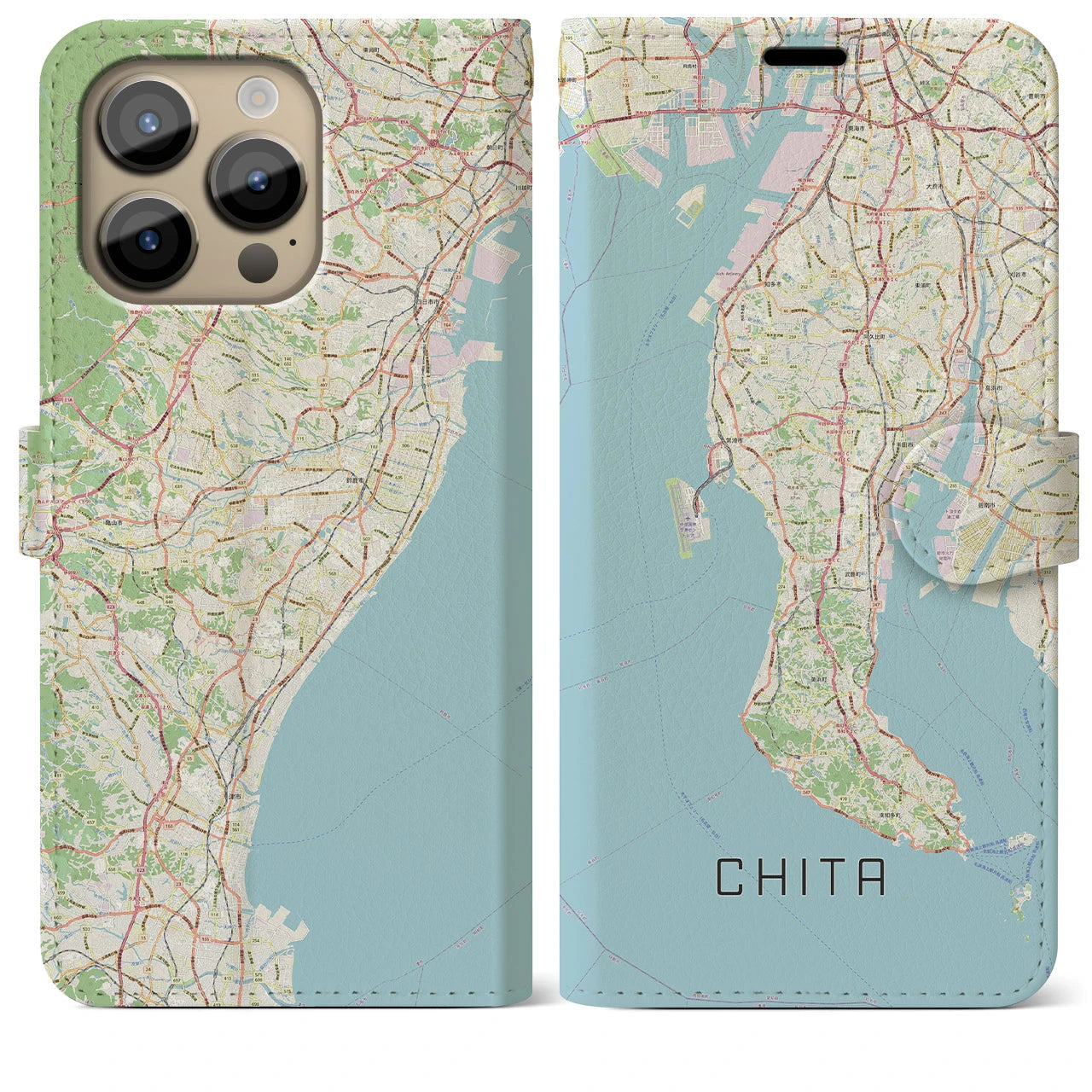 【知多2】地図柄iPhoneケース（手帳両面タイプ・ナチュラル）iPhone 14 Pro Max 用