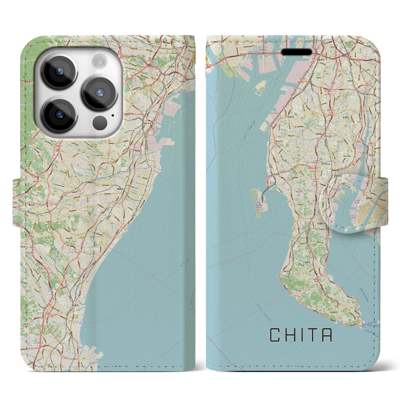 【知多2】地図柄iPhoneケース（手帳両面タイプ・ナチュラル）iPhone 14 Pro 用