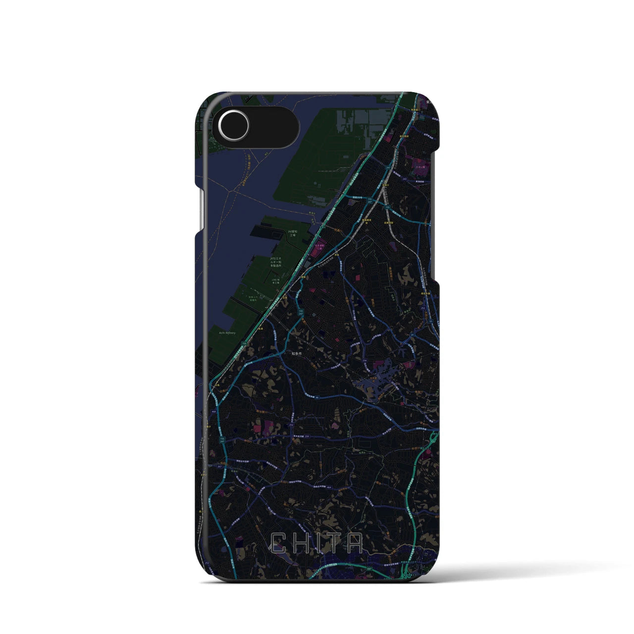 【知多】地図柄iPhoneケース（バックカバータイプ・ブラック）iPhone SE（第3 / 第2世代） / 8 / 7 / 6s / 6 用