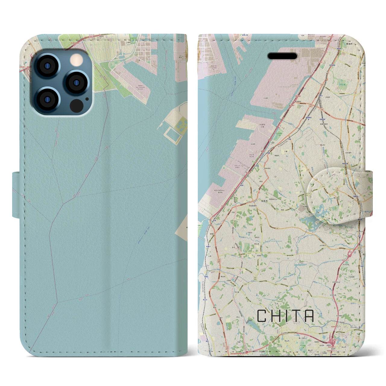 【知多（愛知県）】地図柄iPhoneケース（手帳タイプ）ナチュラル・iPhone 12 / 12 Pro 用