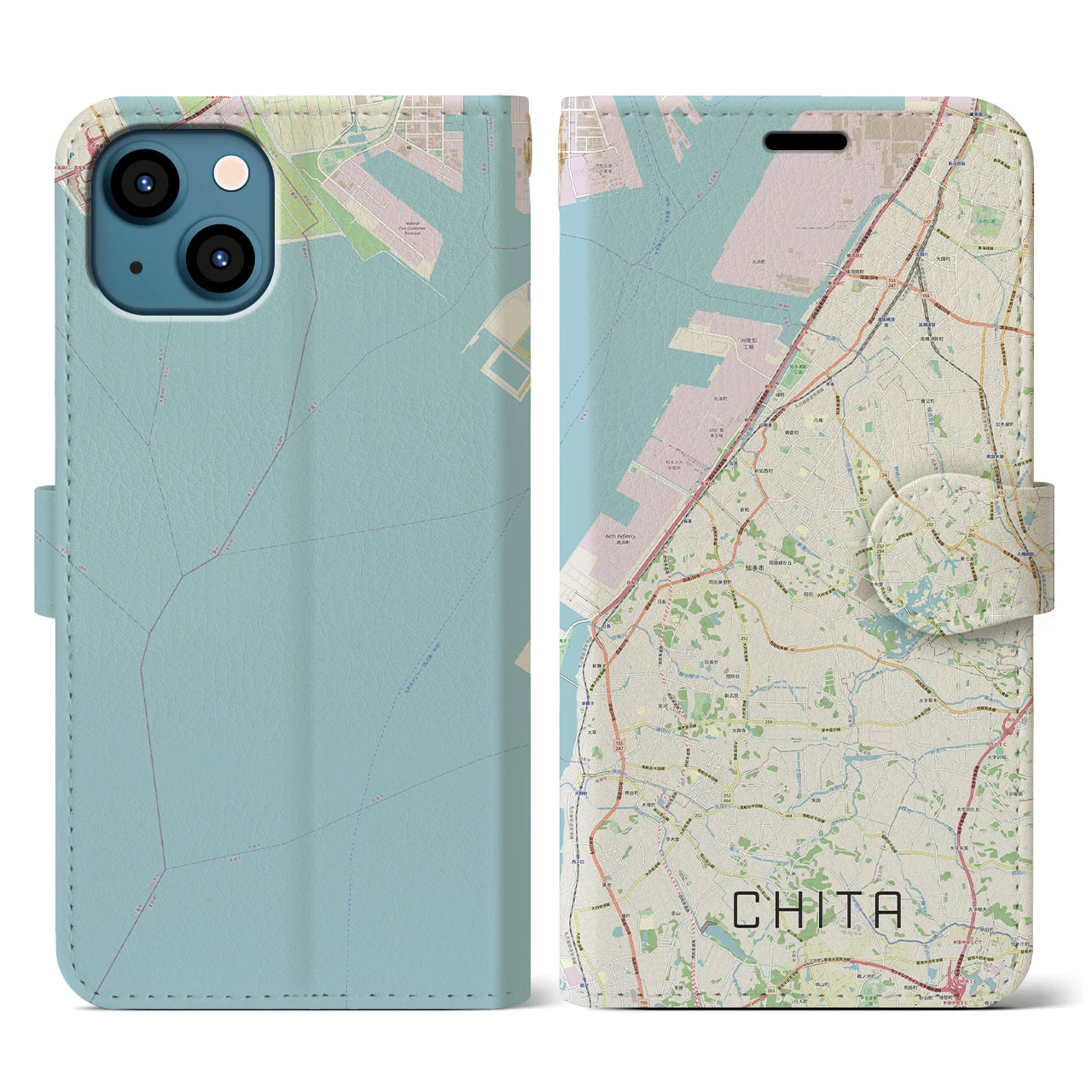 【知多】地図柄iPhoneケース（手帳両面タイプ・ナチュラル）iPhone 13 用