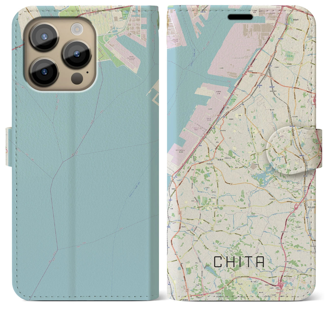 【知多】地図柄iPhoneケース（手帳両面タイプ・ナチュラル）iPhone 14 Pro Max 用