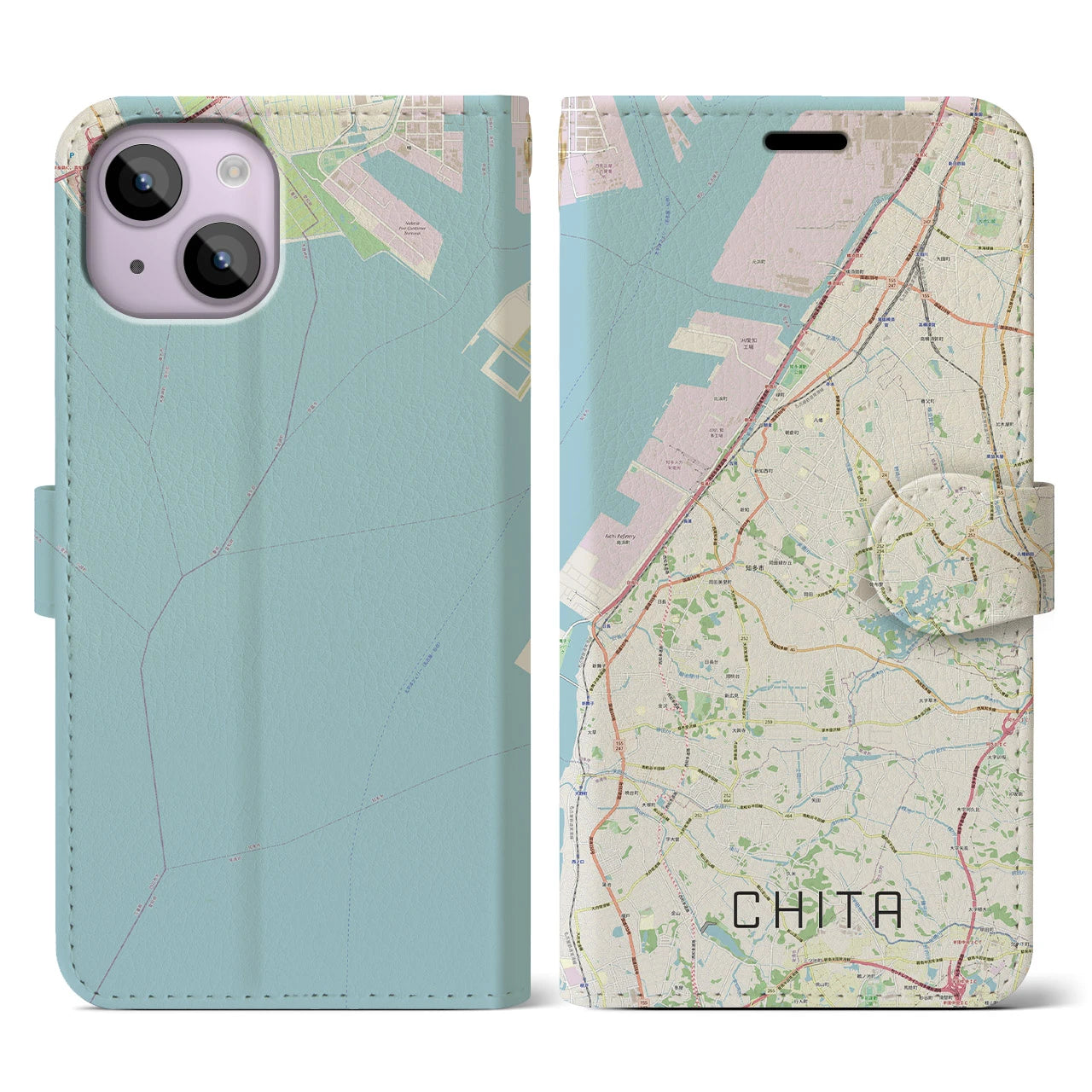 【知多】地図柄iPhoneケース（手帳両面タイプ・ナチュラル）iPhone 14 用
