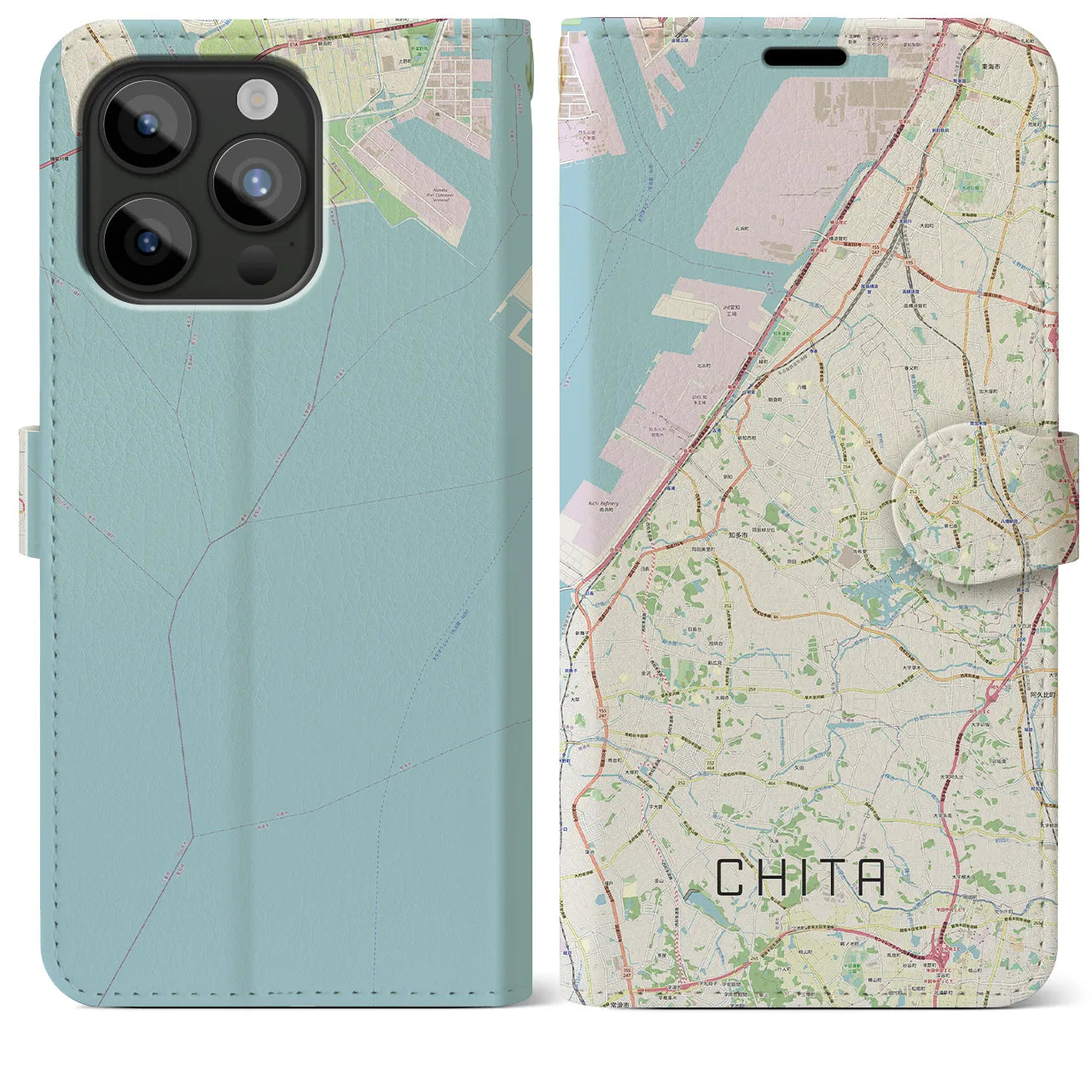【知多（愛知県）】地図柄iPhoneケース（手帳タイプ）ナチュラル・iPhone 15 Pro Max 用