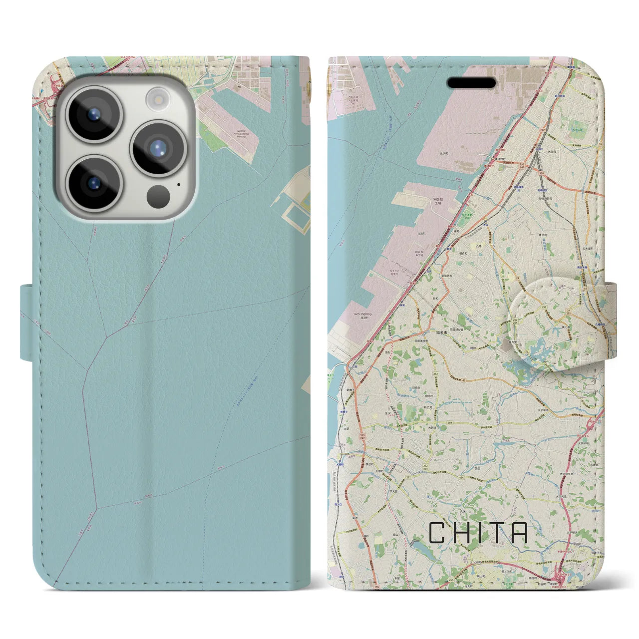 【知多（愛知県）】地図柄iPhoneケース（手帳タイプ）ナチュラル・iPhone 15 Pro 用
