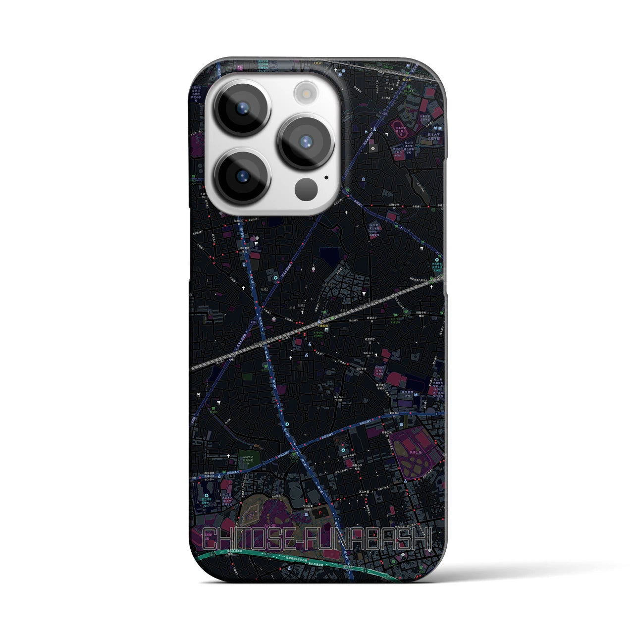 【千歳船橋】地図柄iPhoneケース（バックカバータイプ・ブラック）iPhone 14 Pro 用