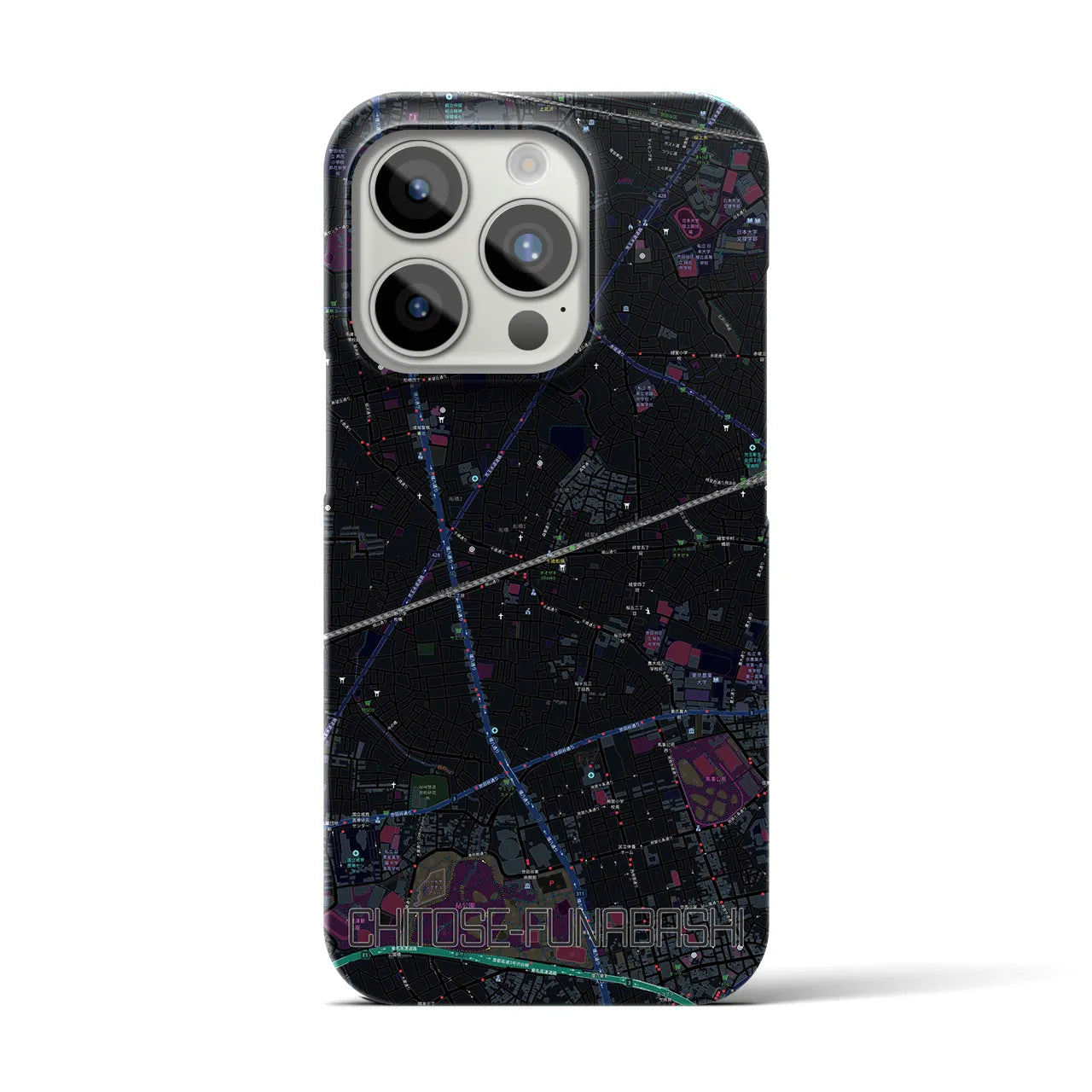 【千歳船橋】地図柄iPhoneケース（バックカバータイプ・ブラック）iPhone 15 Pro 用