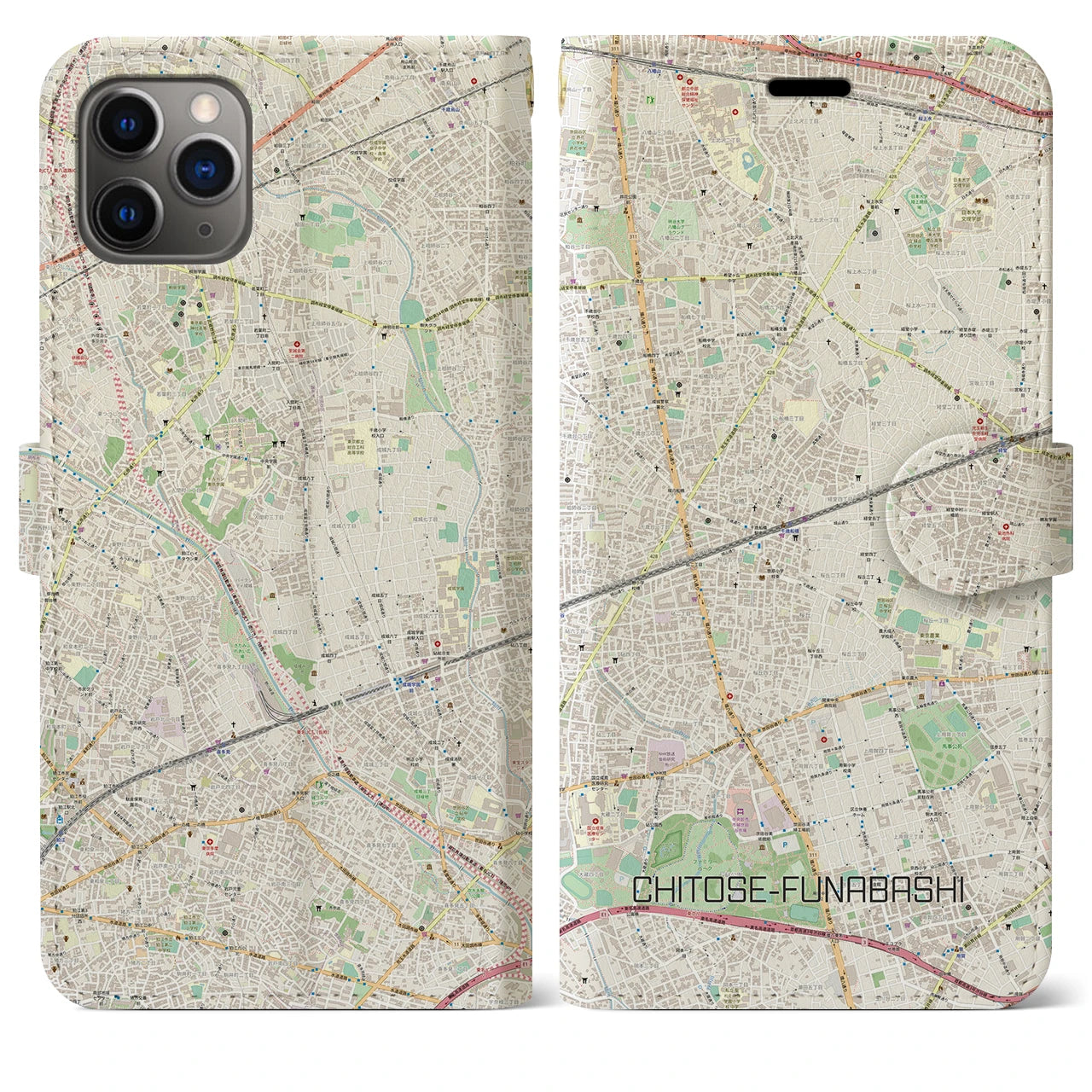 【千歳船橋】地図柄iPhoneケース（手帳両面タイプ・ナチュラル）iPhone 11 Pro Max 用