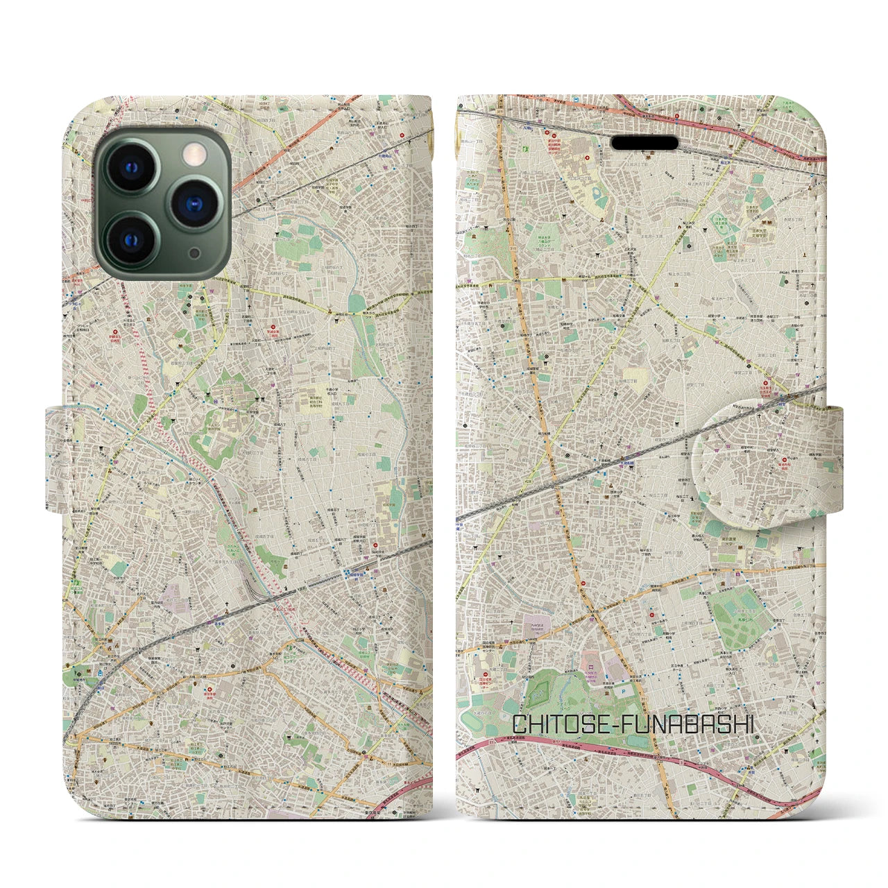 【千歳船橋】地図柄iPhoneケース（手帳両面タイプ・ナチュラル）iPhone 11 Pro 用