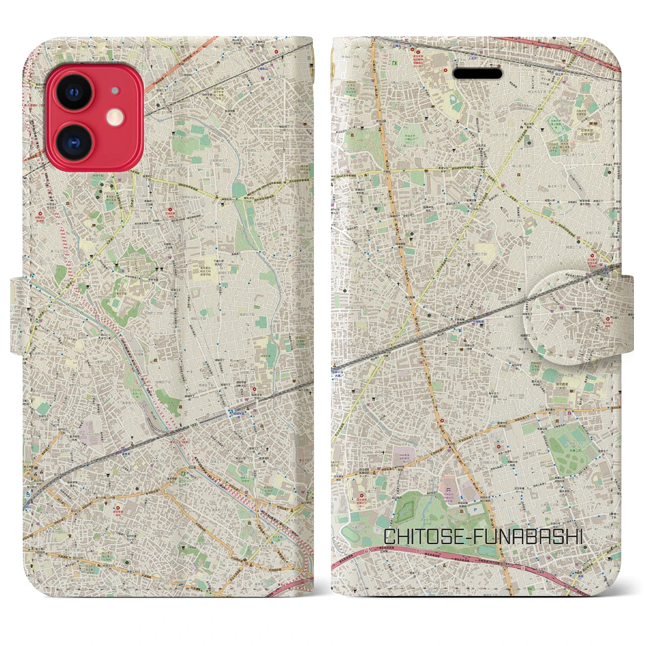 【千歳船橋】地図柄iPhoneケース（手帳両面タイプ・ナチュラル）iPhone 11 用