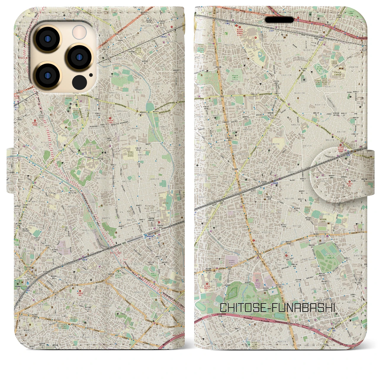 【千歳船橋】地図柄iPhoneケース（手帳両面タイプ・ナチュラル）iPhone 12 Pro Max 用