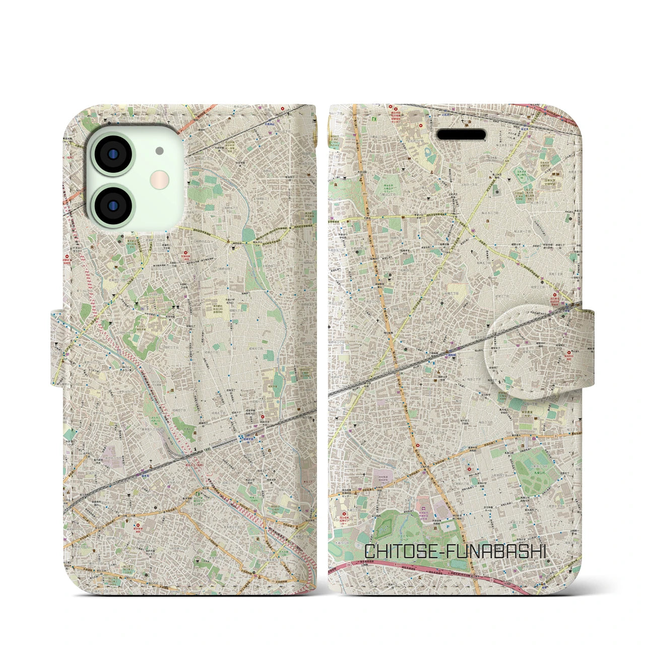 【千歳船橋】地図柄iPhoneケース（手帳両面タイプ・ナチュラル）iPhone 12 mini 用