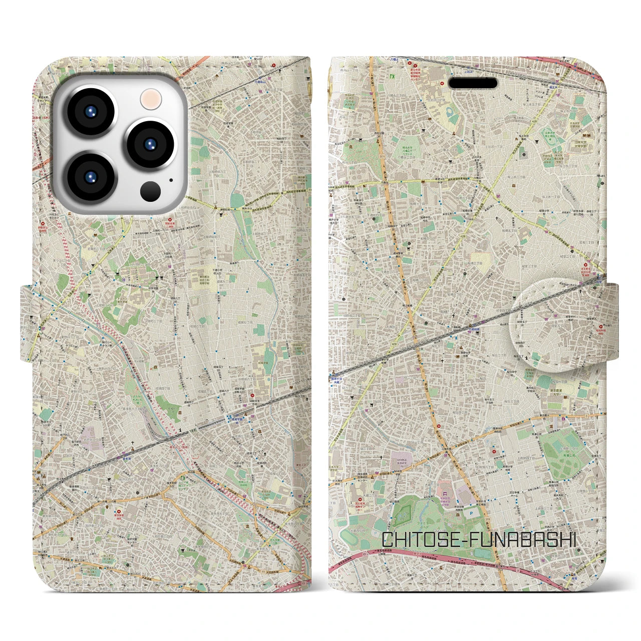 【千歳船橋】地図柄iPhoneケース（手帳両面タイプ・ナチュラル）iPhone 13 Pro 用