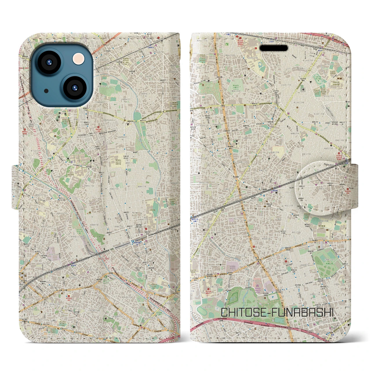 【千歳船橋】地図柄iPhoneケース（手帳両面タイプ・ナチュラル）iPhone 13 用