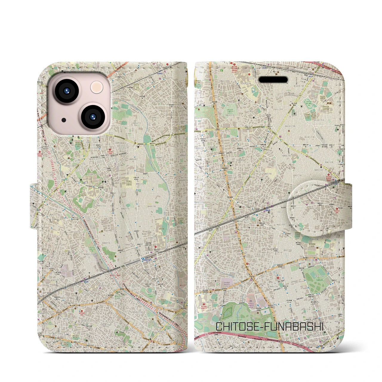 【千歳船橋】地図柄iPhoneケース（手帳両面タイプ・ナチュラル）iPhone 13 mini 用