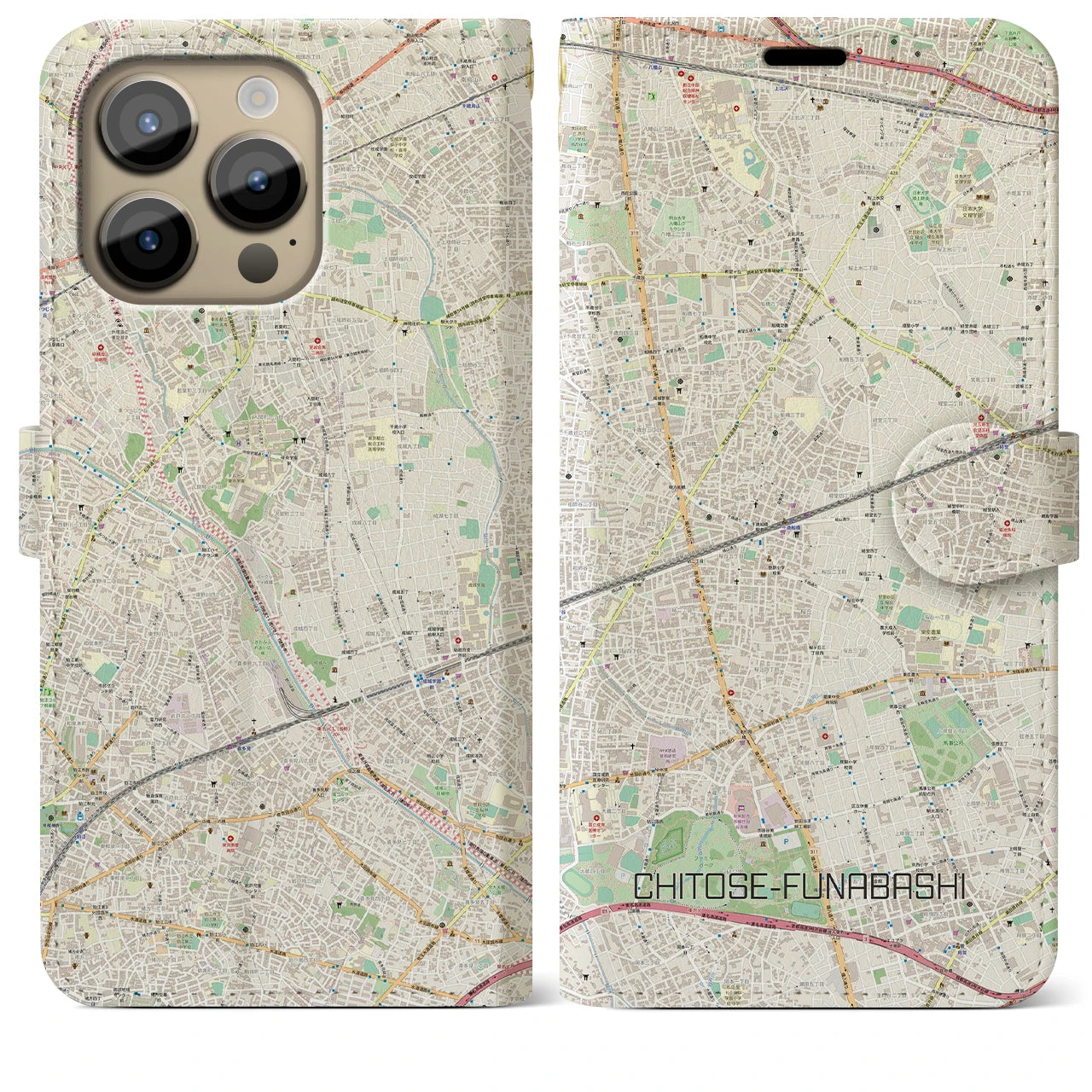 【千歳船橋】地図柄iPhoneケース（手帳両面タイプ・ナチュラル）iPhone 14 Pro Max 用