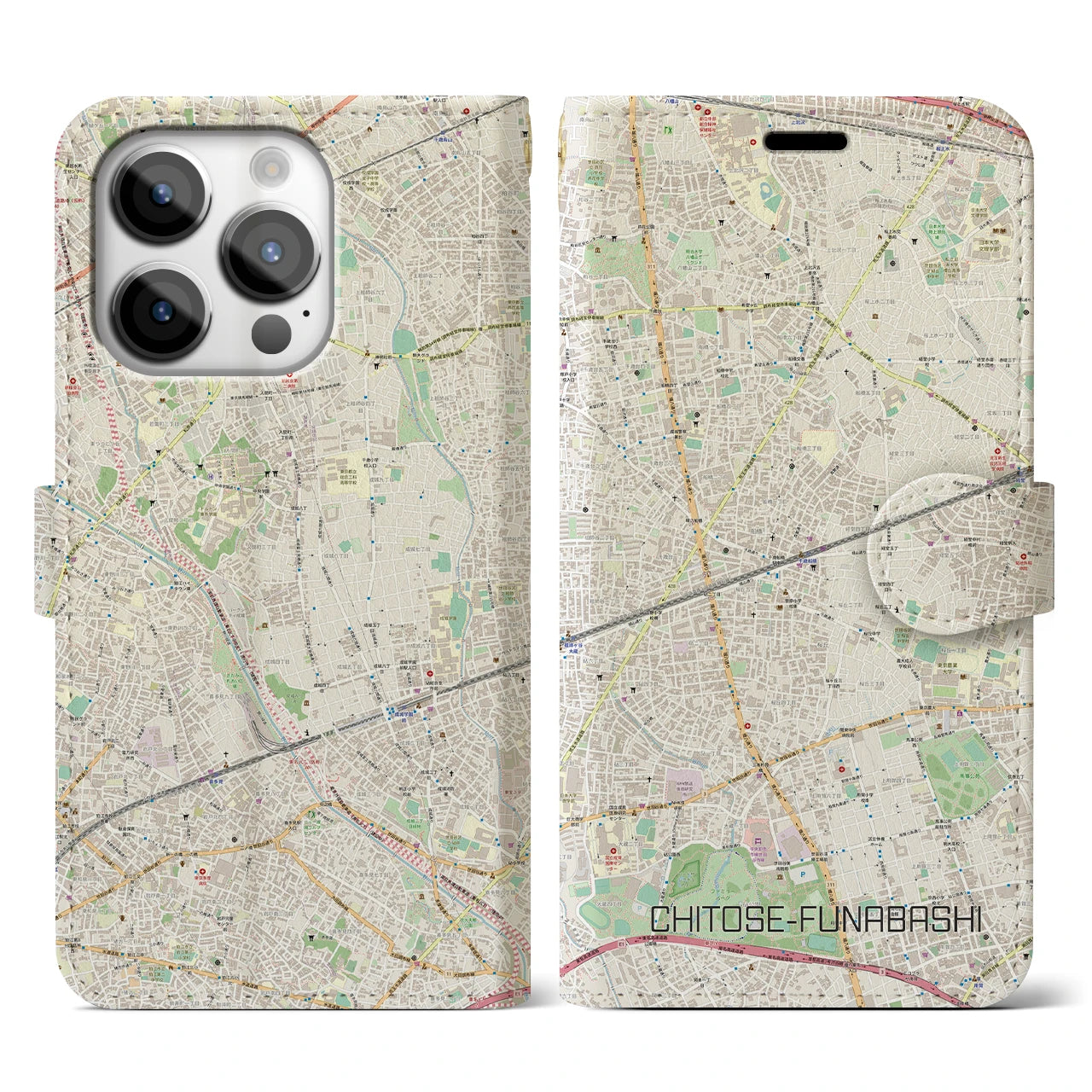 【千歳船橋】地図柄iPhoneケース（手帳両面タイプ・ナチュラル）iPhone 14 Pro 用