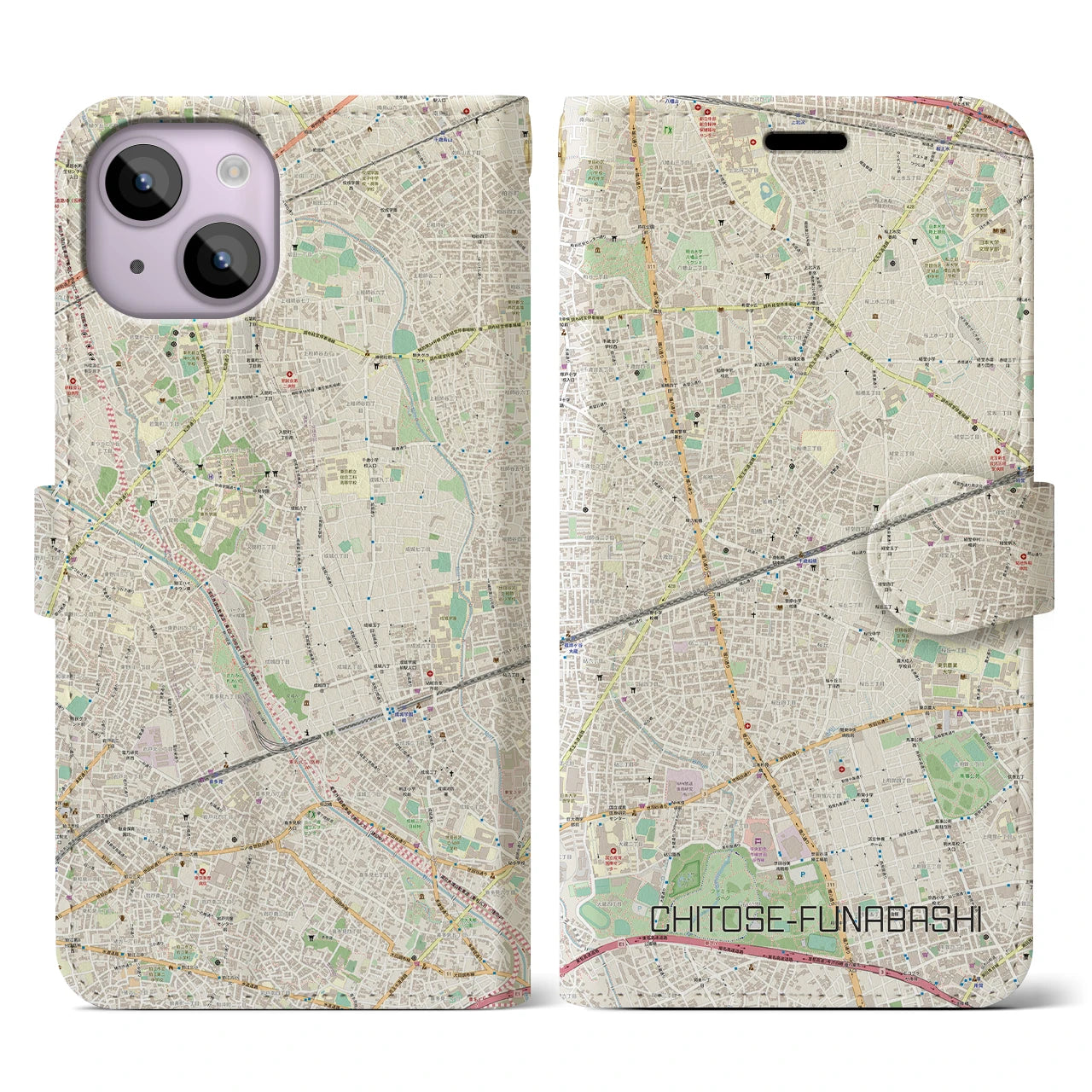 【千歳船橋】地図柄iPhoneケース（手帳両面タイプ・ナチュラル）iPhone 14 用