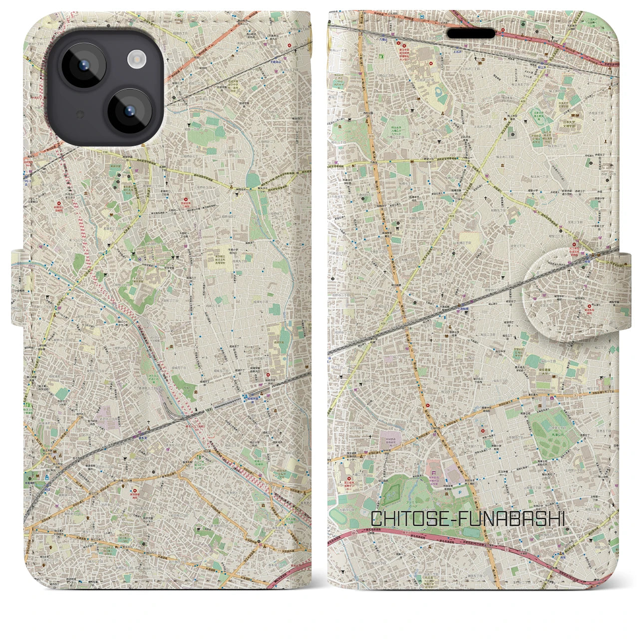 【千歳船橋】地図柄iPhoneケース（手帳両面タイプ・ナチュラル）iPhone 14 Plus 用