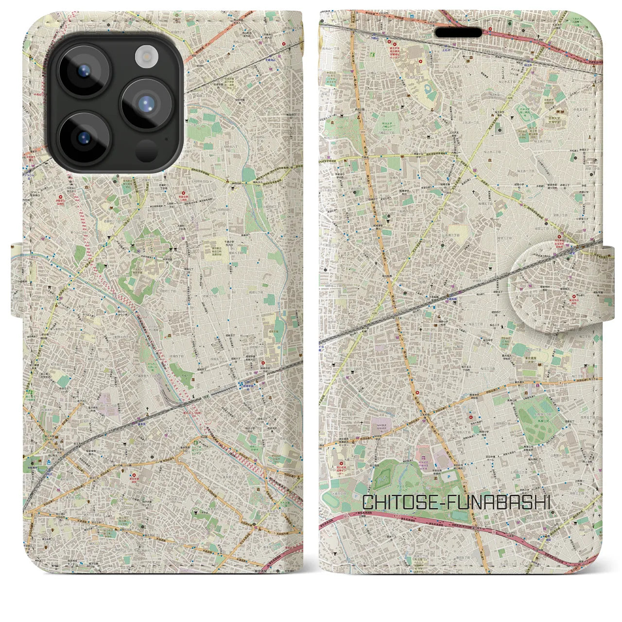 【千歳船橋】地図柄iPhoneケース（手帳両面タイプ・ナチュラル）iPhone 15 Pro Max 用