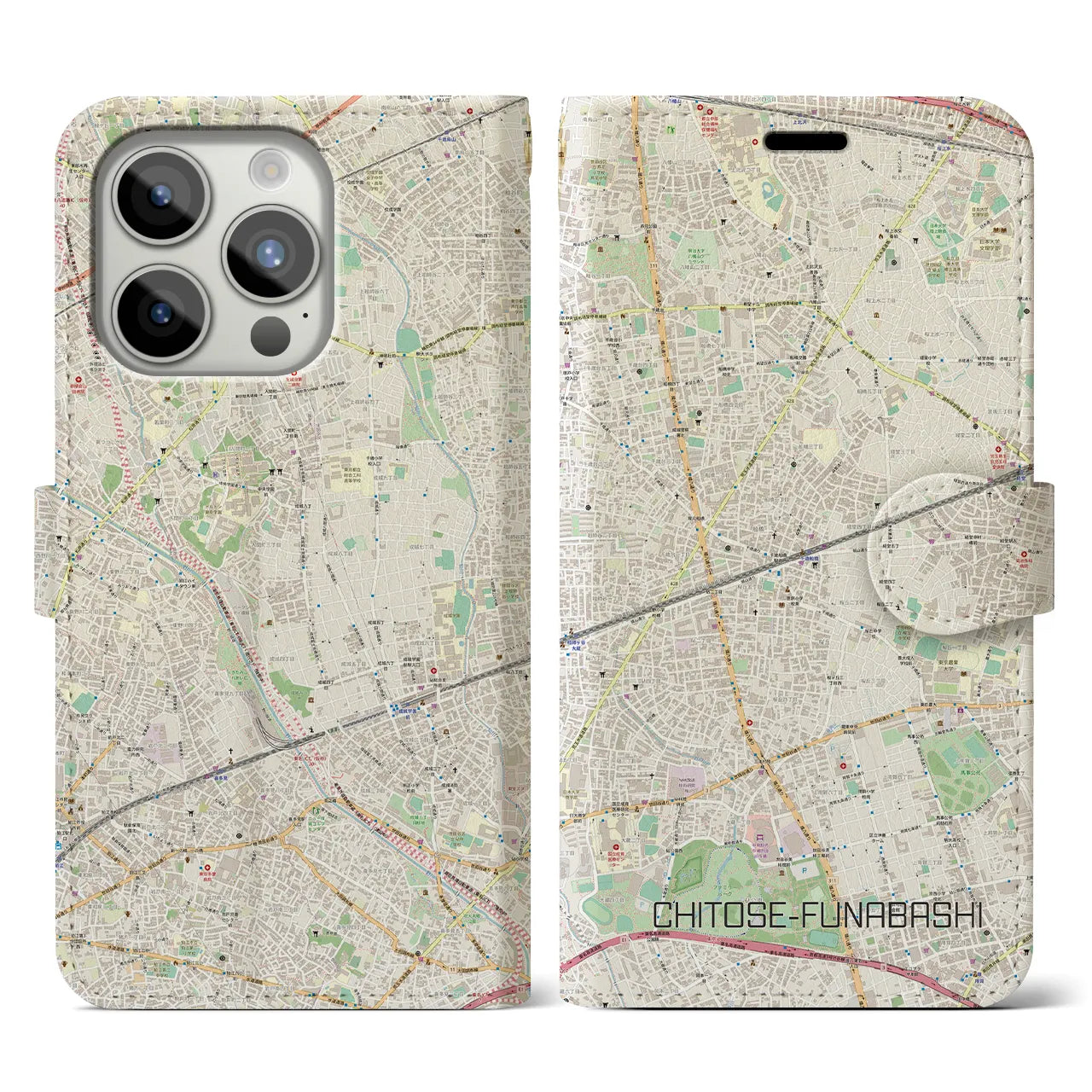 【千歳船橋】地図柄iPhoneケース（手帳両面タイプ・ナチュラル）iPhone 15 Pro 用