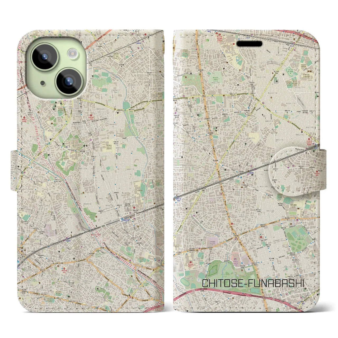 【千歳船橋】地図柄iPhoneケース（手帳両面タイプ・ナチュラル）iPhone 15 用