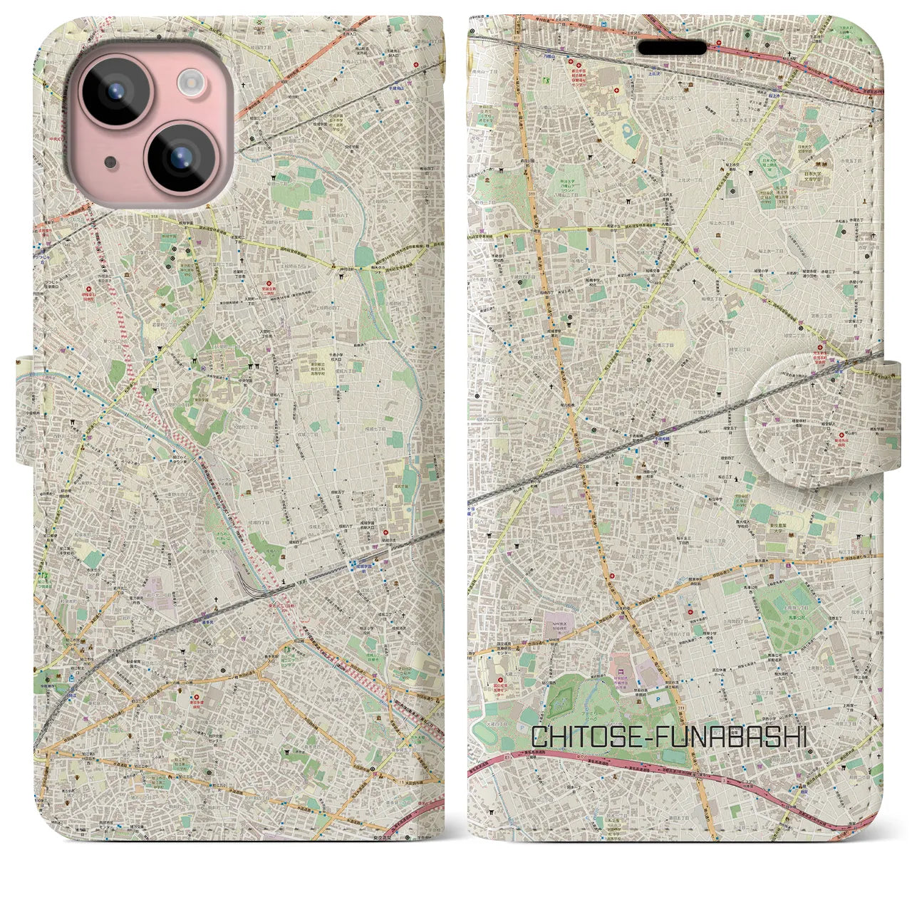 【千歳船橋】地図柄iPhoneケース（手帳両面タイプ・ナチュラル）iPhone 15 Plus 用