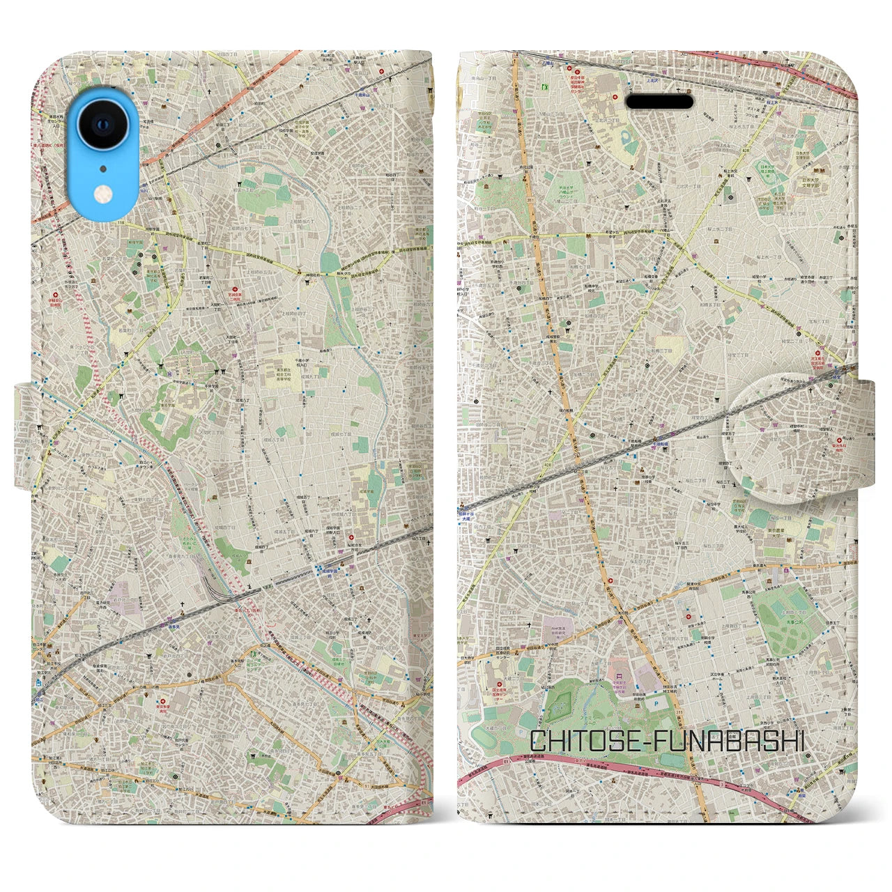 【千歳船橋】地図柄iPhoneケース（手帳両面タイプ・ナチュラル）iPhone XR 用