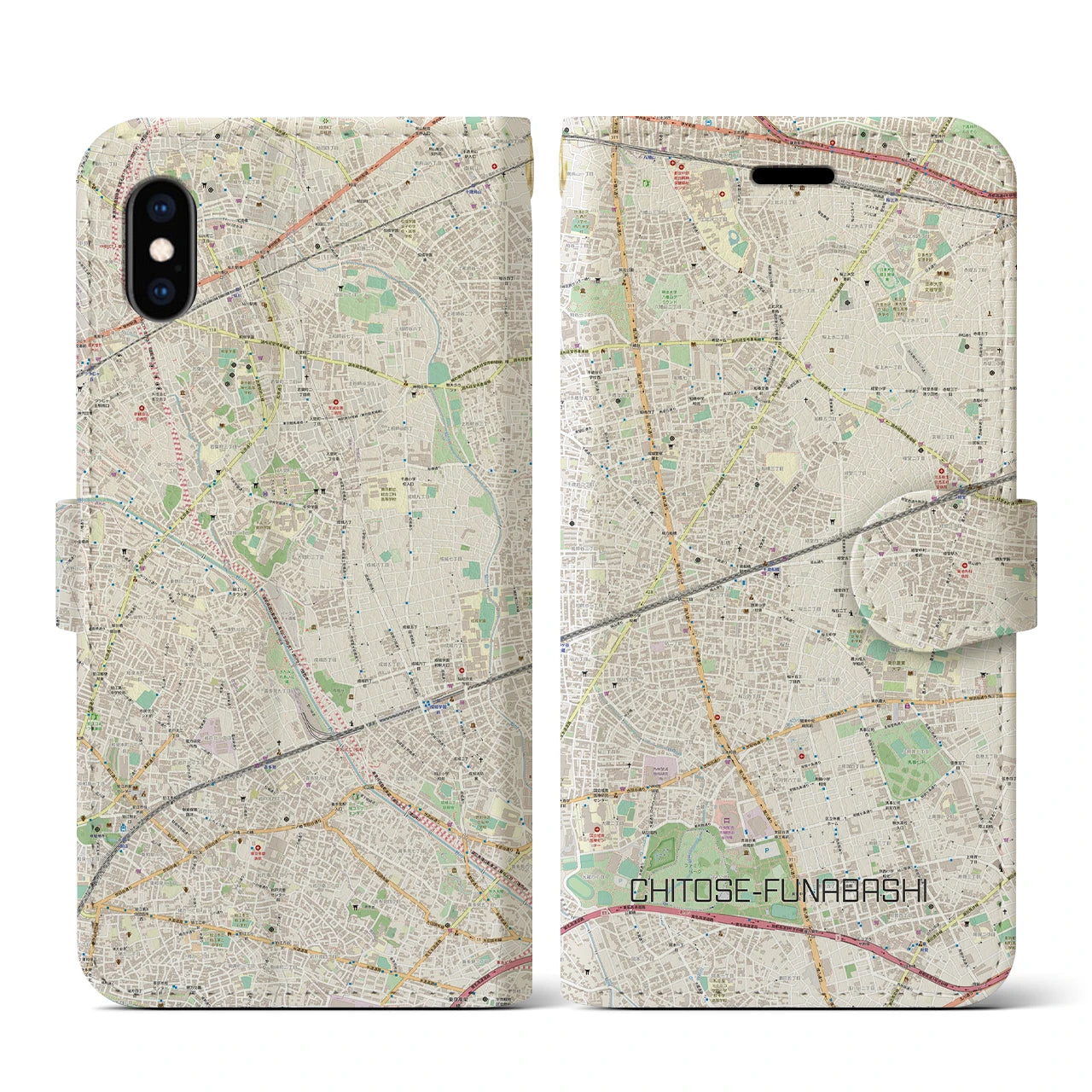 【千歳船橋】地図柄iPhoneケース（手帳両面タイプ・ナチュラル）iPhone XS / X 用