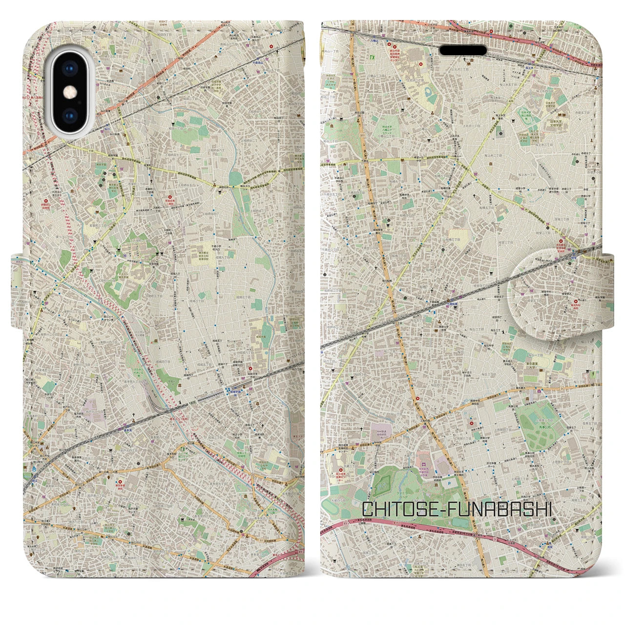 【千歳船橋】地図柄iPhoneケース（手帳両面タイプ・ナチュラル）iPhone XS Max 用